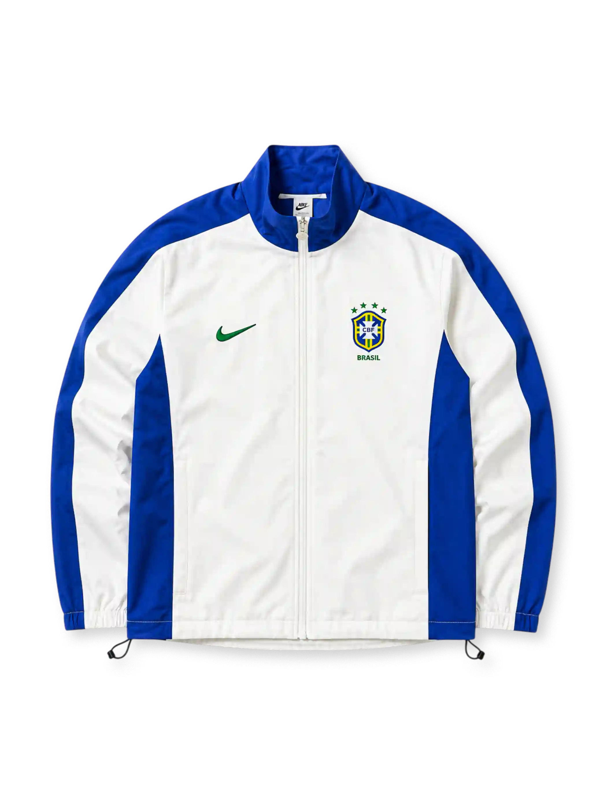 白地にライオンブルーの切り替えパネル、緑のNikeスウッシュ、4つの星を戴いたCBFエンブレムと「BRASIL」の文字を備えたブラジル代表1998リイシュートラックジャケット正面