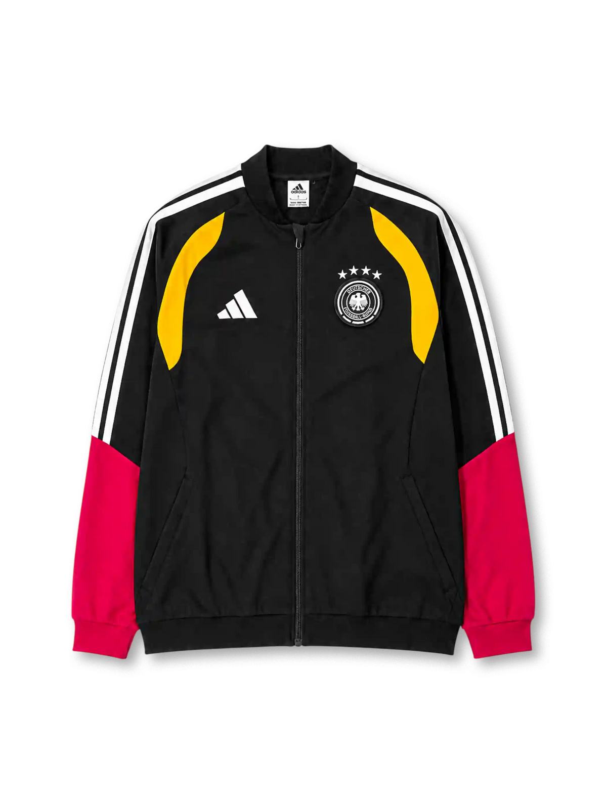 漆黒地に黄色いショルダーパネル、白いadidasストライプ、赤い袖の切り替え、鷲を配したドイツサッカー連盟のクラブエンブレムを備えたドイツ代表2026年W杯トレーニングジャケット正面