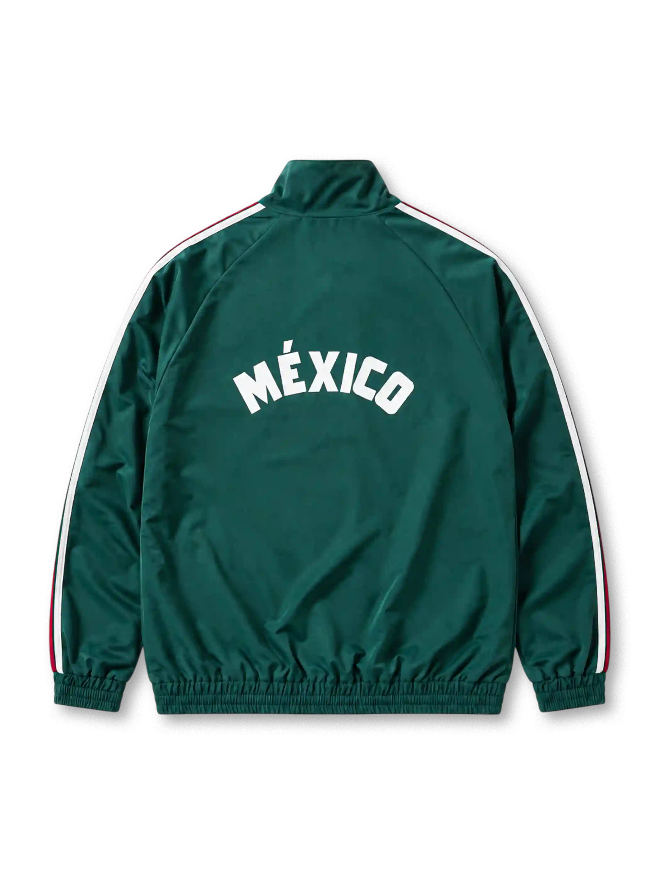 深いグリーン地に白とマルーンの肩ライン、白いadidasトレフォイルロゴ、鷲を配したメキシコサッカー連盟のクラブエンブレムを備えたメキシコ代表ベッケンバウアートラックジャケット正面