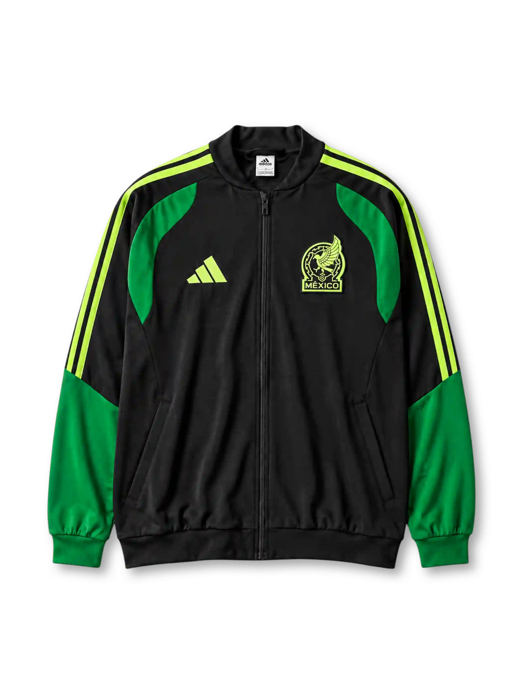 黒地に鮮やかなグリーンのショルダーパネル、ネオングリーンのadidas3本ライン、鷲のシルエットと「MEXICO」の文字を配したクラブエンブレムを備えたメキシコ代表2026年W杯トレーニングジャケット正面