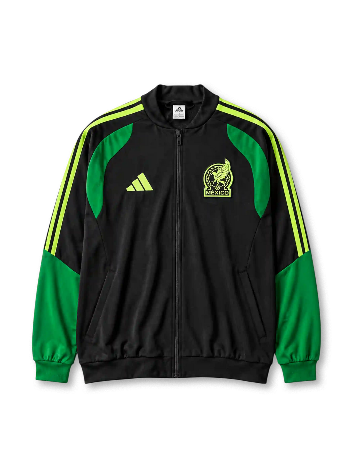 黒地に鮮やかなグリーンのショルダーパネル、ネオングリーンのadidas3本ライン、鷲のシルエットと「MEXICO」の文字を配したクラブエンブレムを備えたメキシコ代表2026年W杯トレーニングジャケット正面