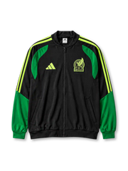 黒地に鮮やかなグリーンのショルダーパネル、ネオングリーンのadidas3本ライン、鷲のシルエットと「MEXICO」の文字を配したクラブエンブレムを備えたメキシコ代表2026年W杯トレーニングジャケット正面