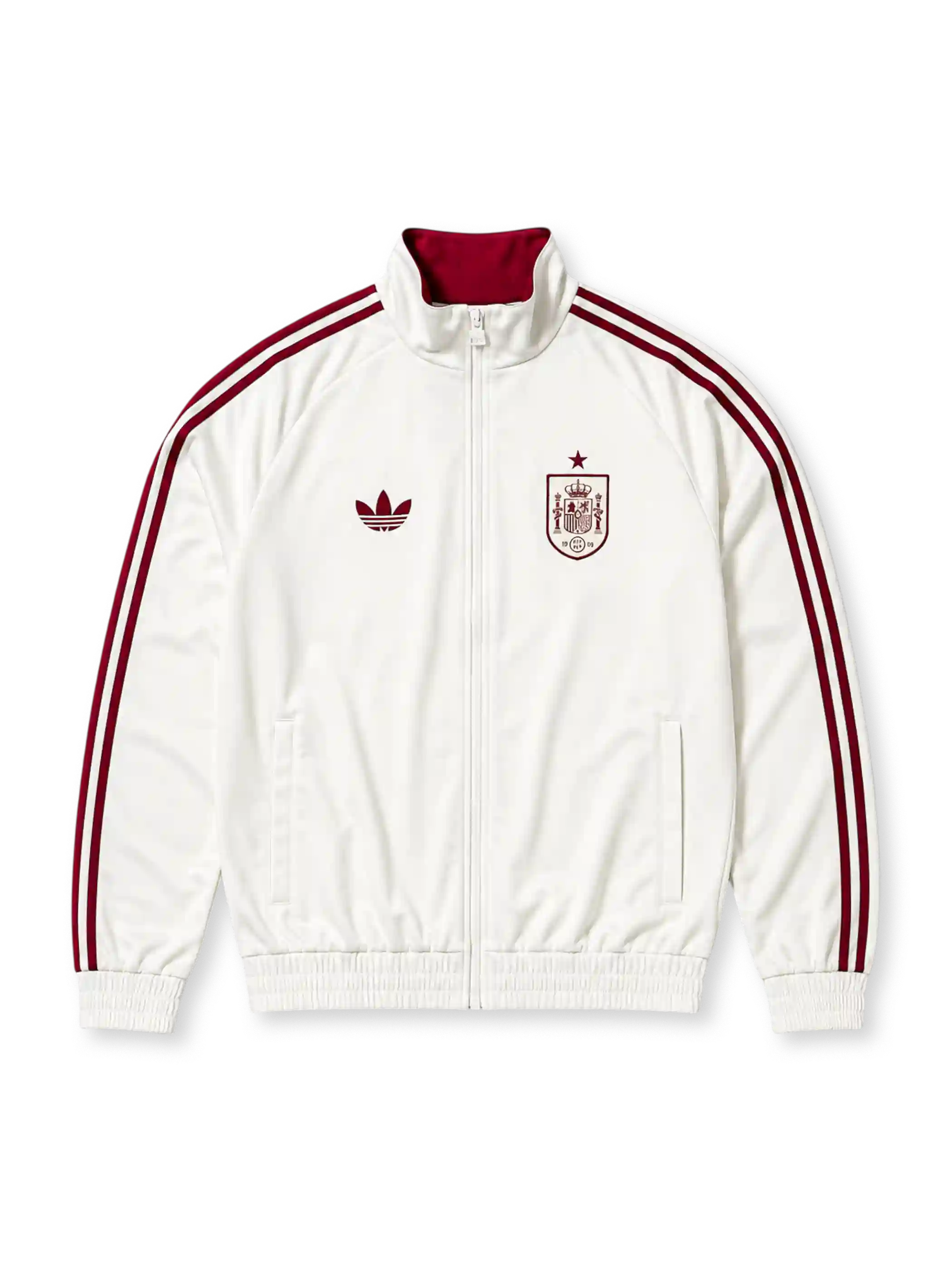 白地に臙脂色のadidas3本ラインと襟、臙脂色のトレフォイルロゴ、星と1909年の創設年を刻んだRFEFエンブレムを備えたスペイン代表ベッケンバウアートラックジャケット・ホワイト正面