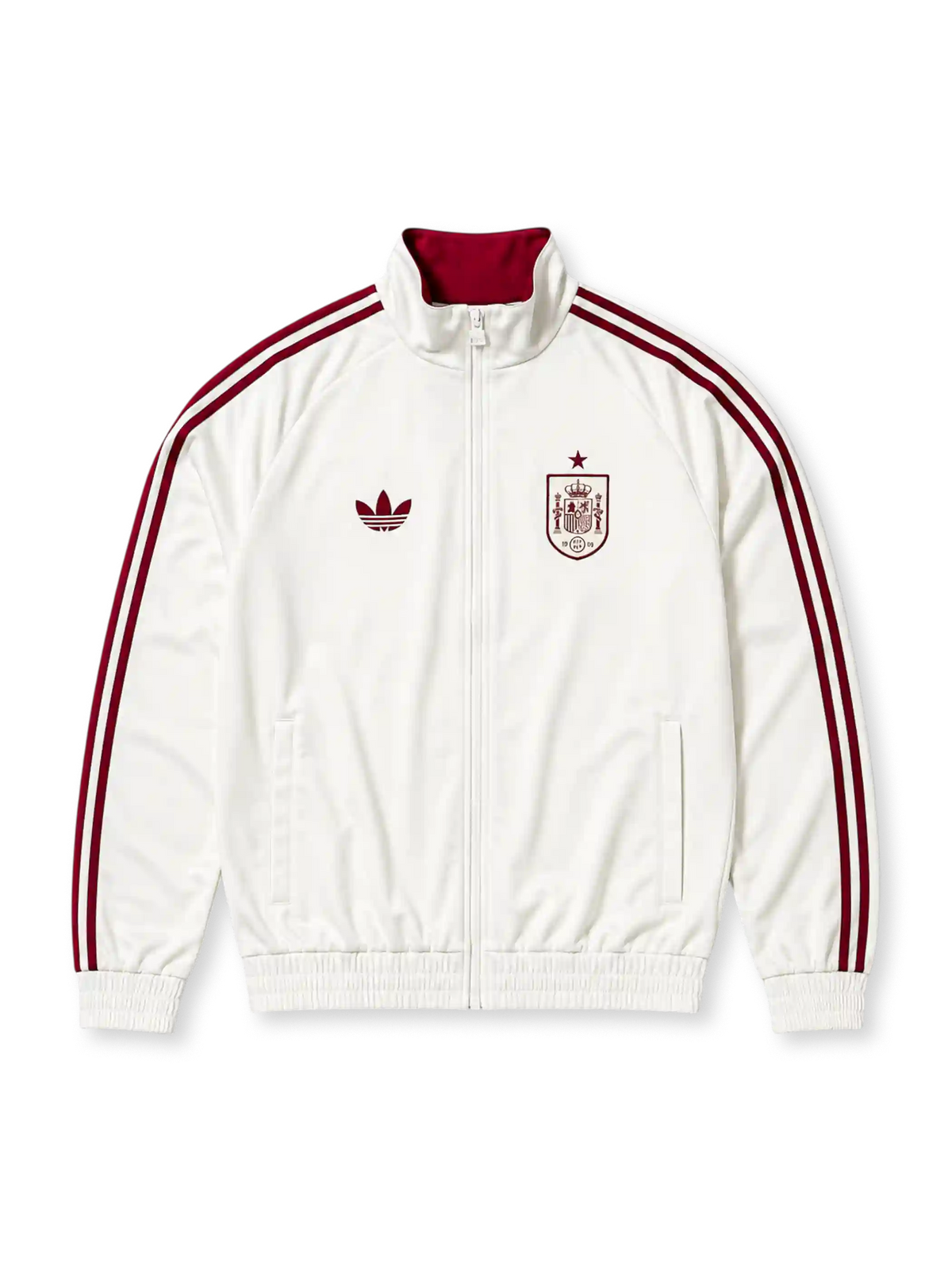 白地に臙脂色のadidas3本ラインと襟、臙脂色のトレフォイルロゴ、星と1909年の創設年を刻んだRFEFエンブレムを備えたスペイン代表ベッケンバウアートラックジャケット・ホワイト正面