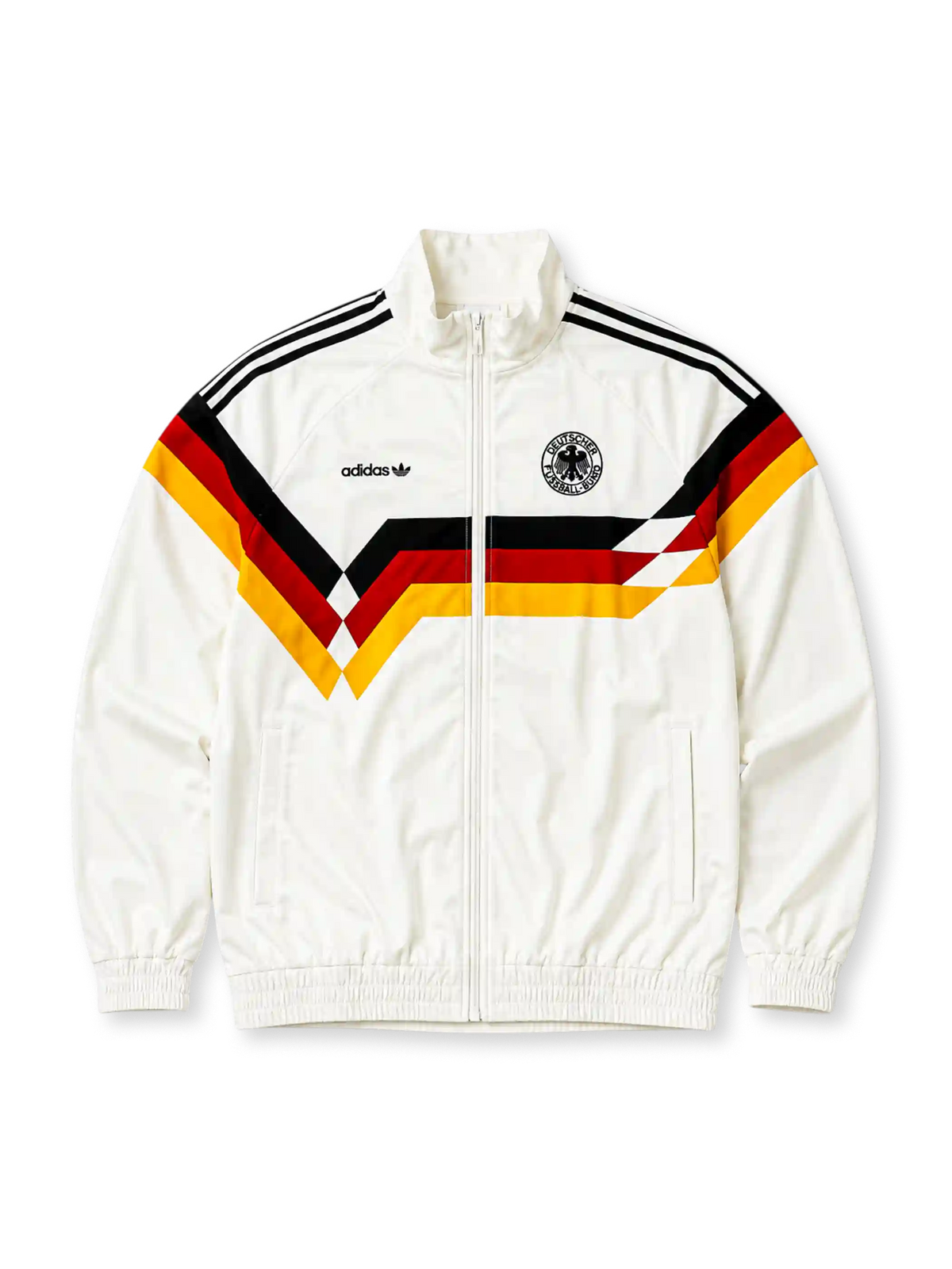 白地に黒・赤・金の鋭いシェブロン柄、黒いadidasトレフォイルロゴ、鷲を配したDFBエンブレムを備えたドイツ代表1990レトロトラックジャケット正面