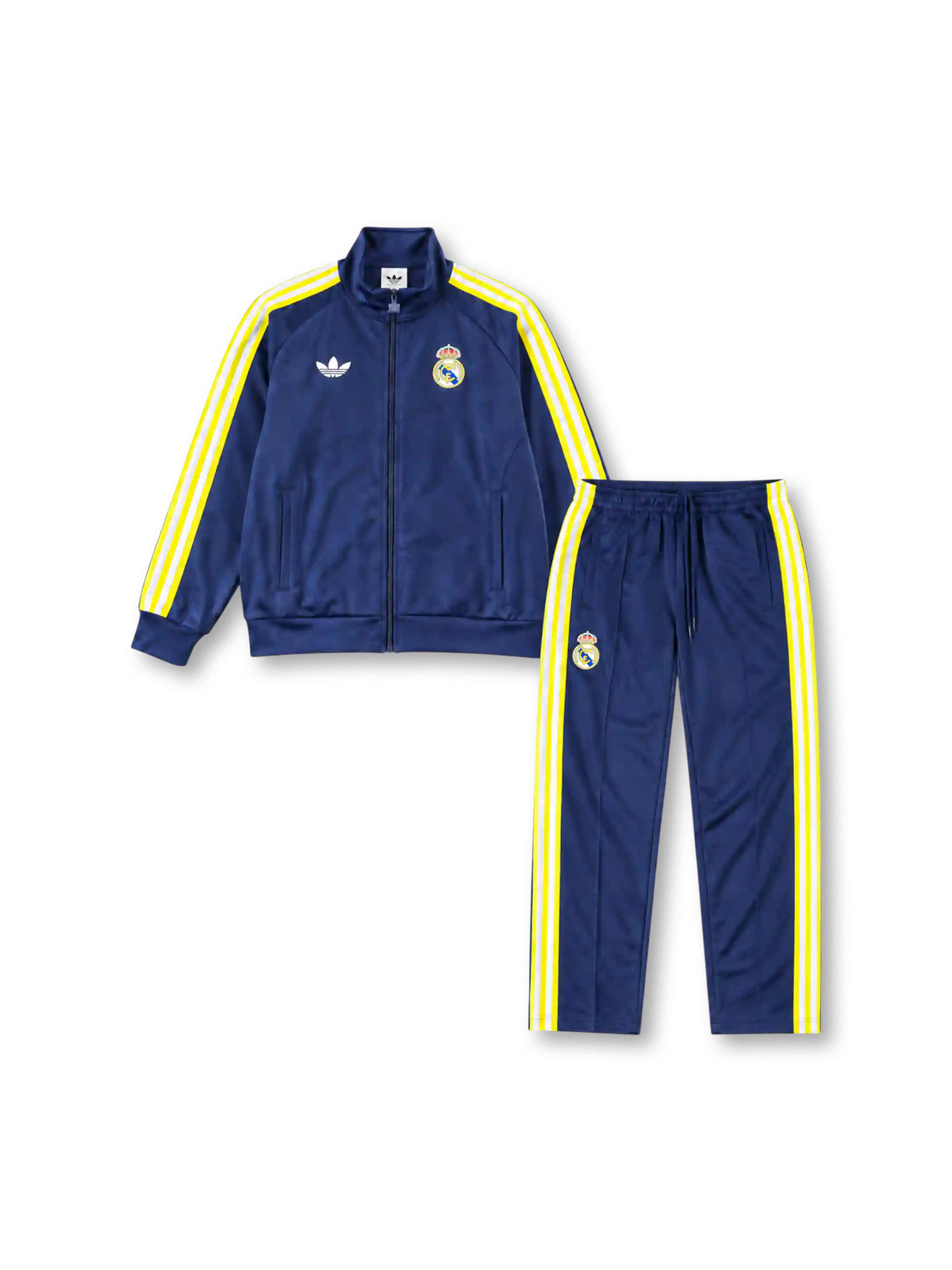 レアル・マドリード 2026年 オリジナルスレトロトラックジャケット&パンツセット（adidas Originals製、紺地、黄色スリーストライプ）