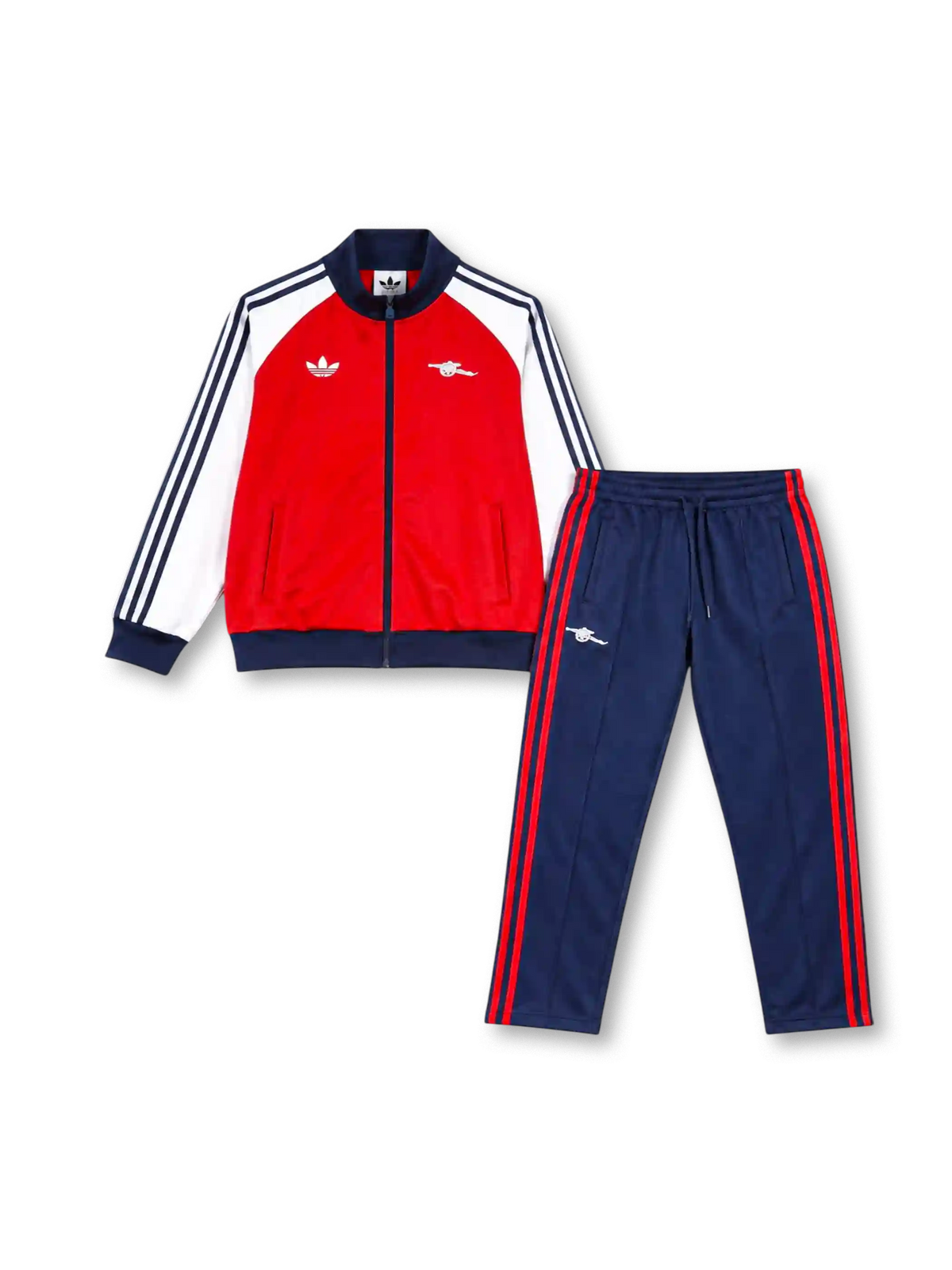 アーセナル 2026年 オリジナルスレトロトラックジャケット&パンツセット（adidas Originals製、赤白ジャケット、紺赤パンツ）