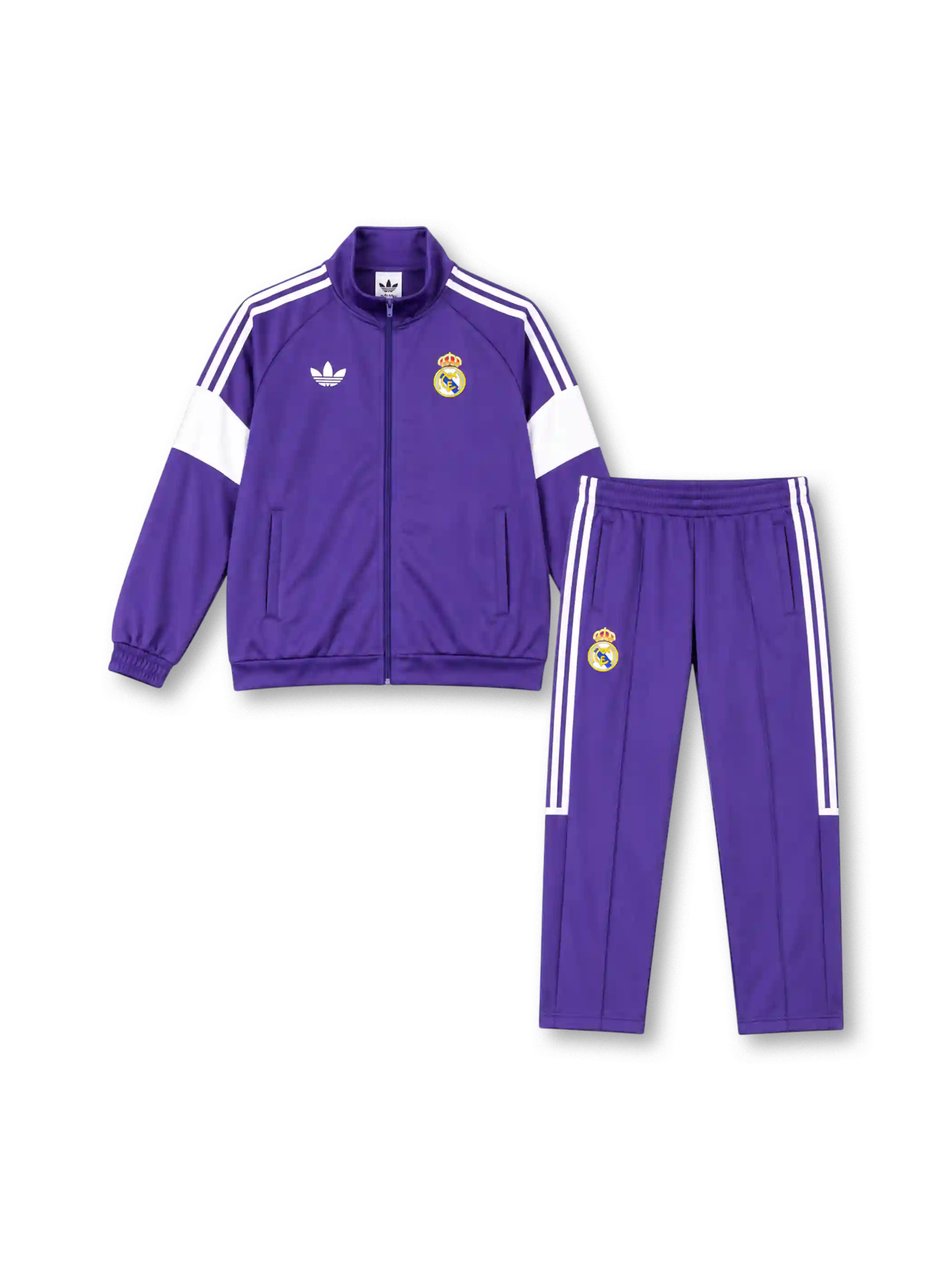 レアル・マドリード 2026年 オリジナルスパープルトラックジャケット&パンツセット（adidas Originals製、紫地、白スリーストライプ）