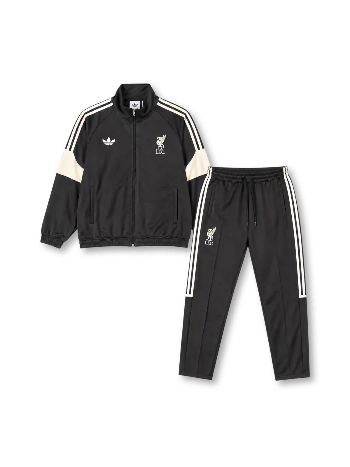リバプール 2026年 オリジナルスレトロトラックジャケット&パンツセット（adidas Originals製、黒地、クリーム色スリーストライプ）