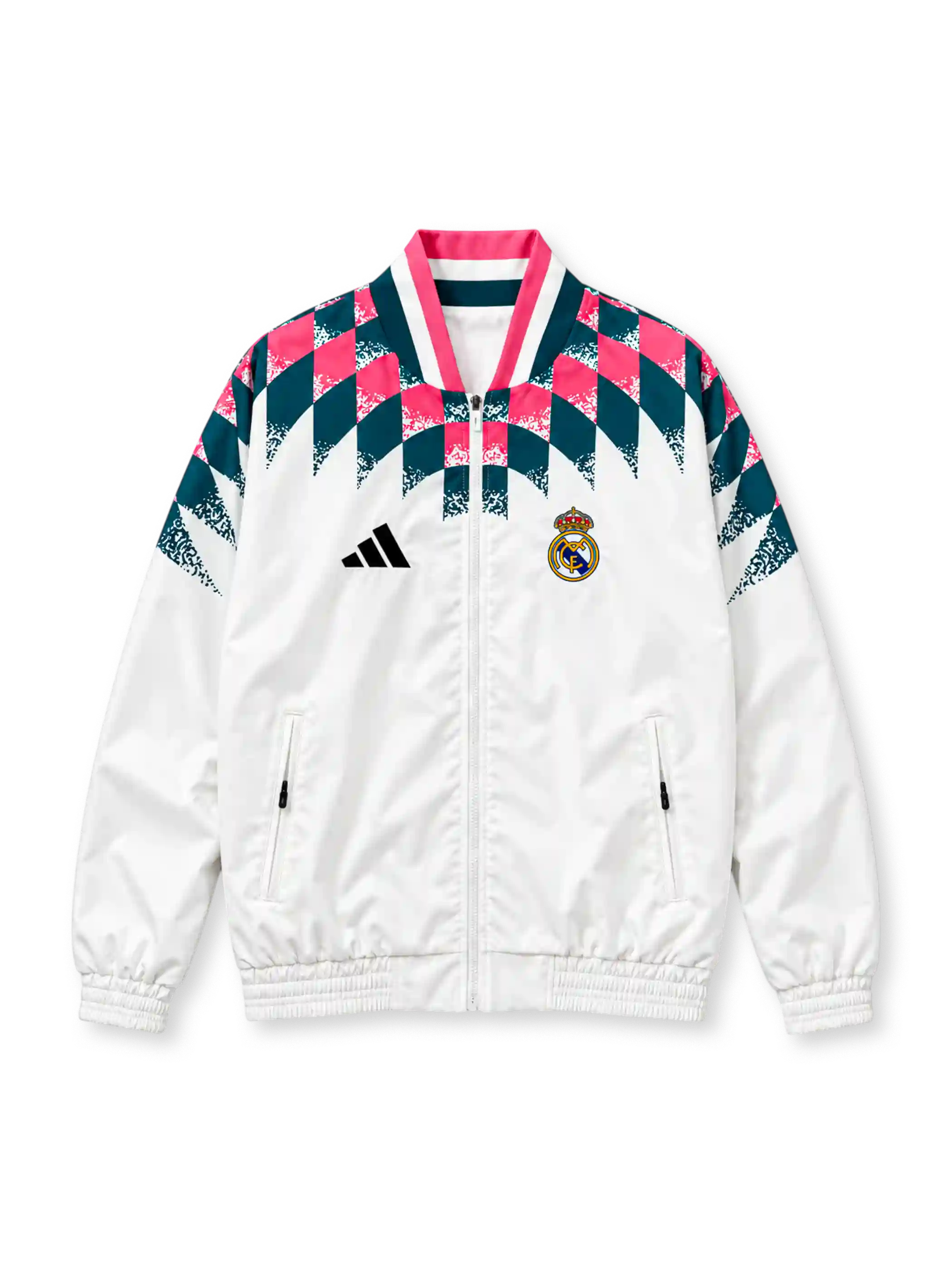 レアル・マドリード 2026/27シーズン ホワイトアンセムジャケット(adidas製、ピンク×ダークグリーン、ダイヤモンド柄)
