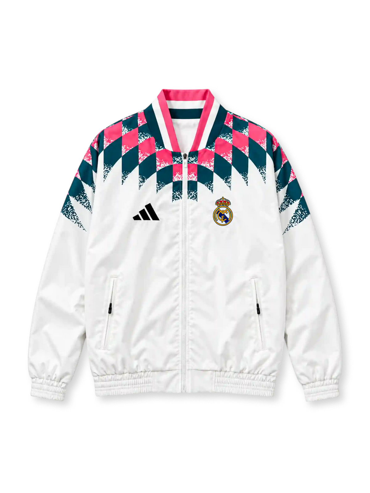 レアル・マドリード 2026/27シーズン ホワイトアンセムジャケット(adidas製、ピンク×ダークグリーン、ダイヤモンド柄)