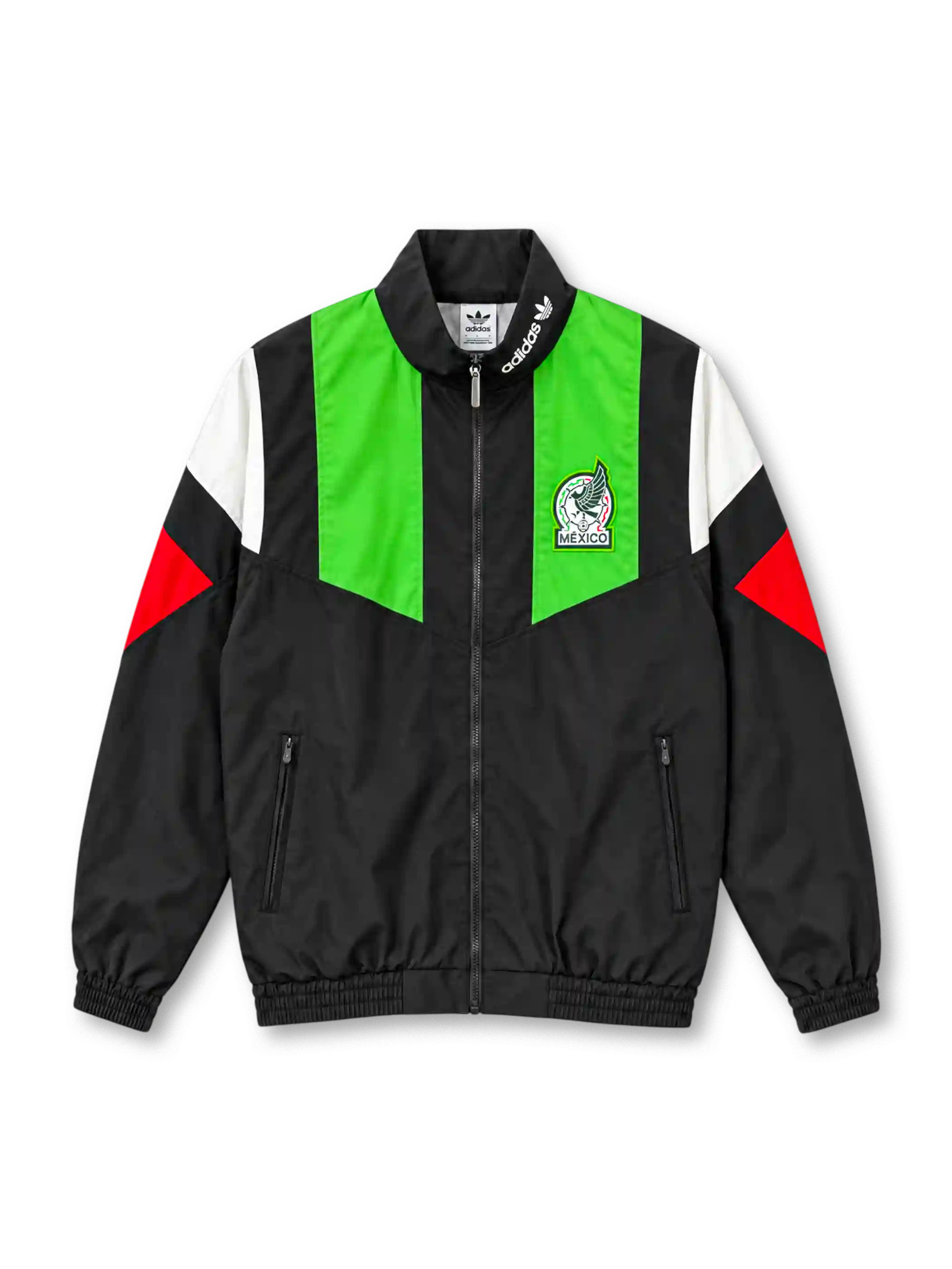 メキシコ代表 2026年 ブラックアンセムジャケット(adidas製、黒地、グリーン×レッド×ホワイト)