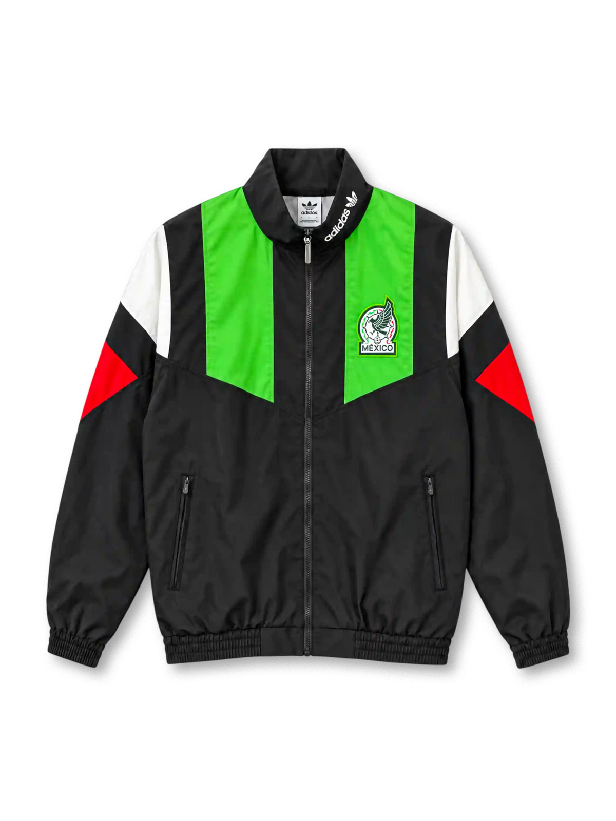 メキシコ代表 2026年 ブラックアンセムジャケット(adidas製、黒地、グリーン×レッド×ホワイト)
