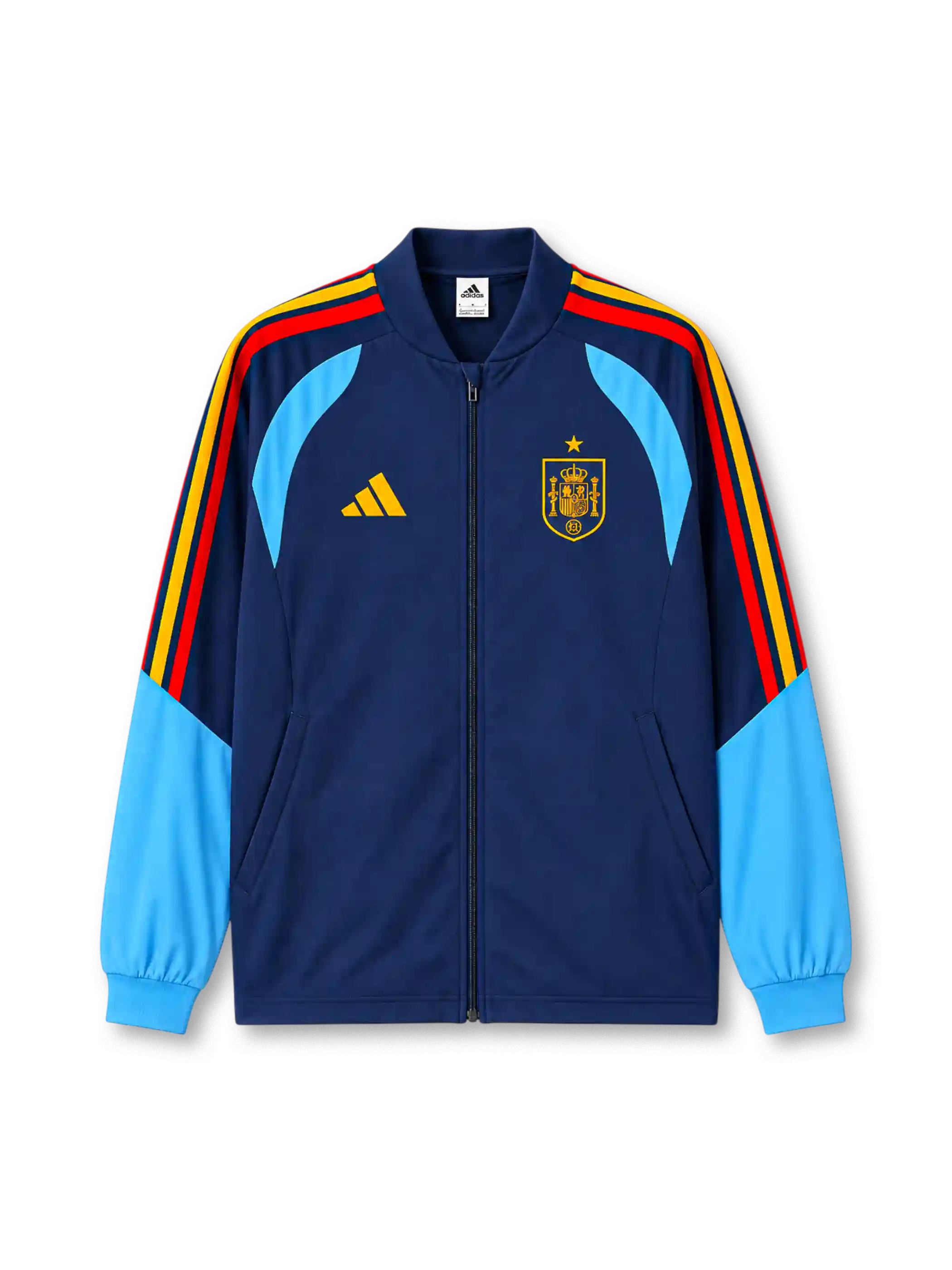 スペイン代表 2026年 ネイビーアンセムジャケット(adidas製、紺地、赤黄ストライプ)
