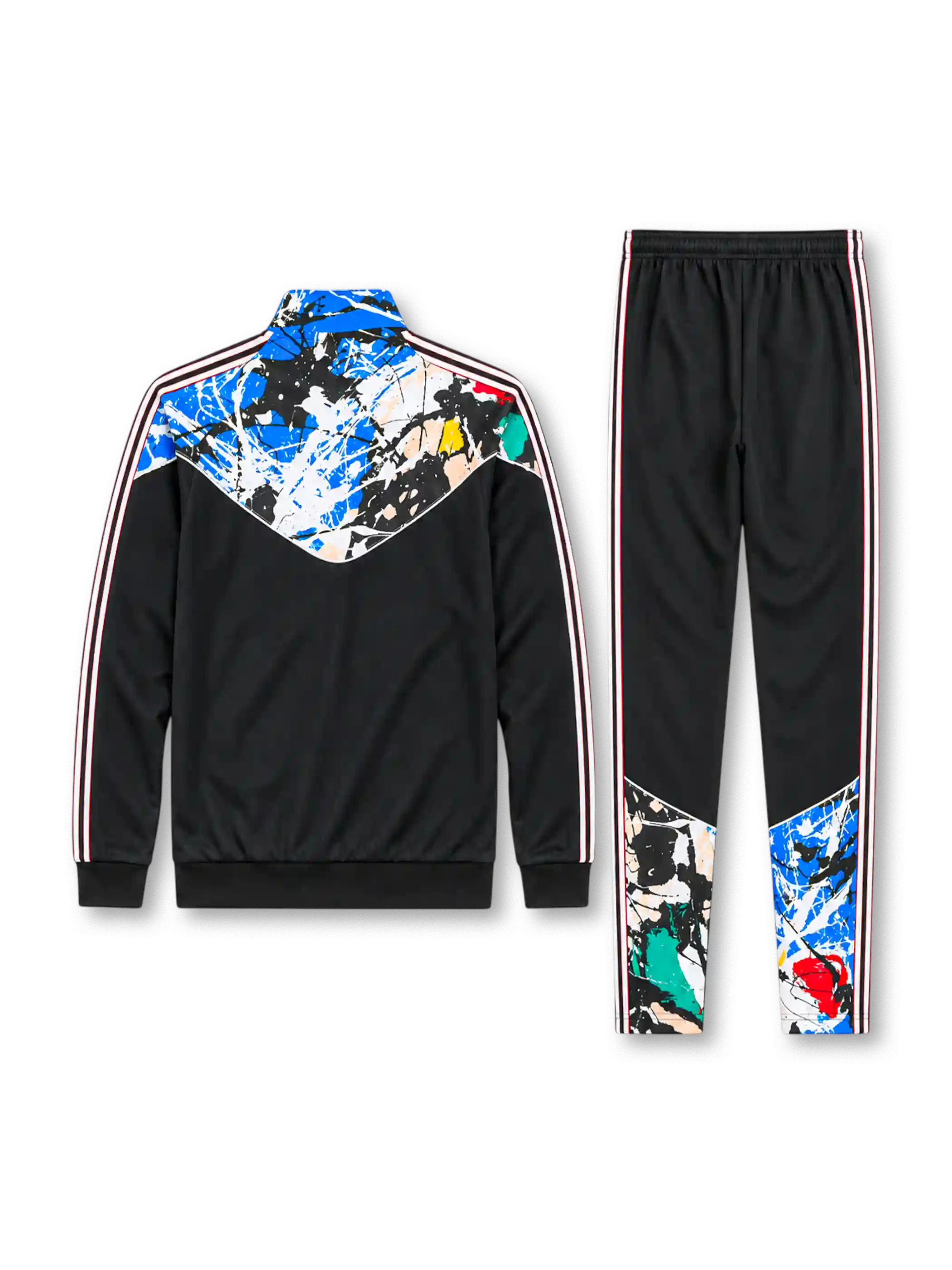 マンチェスター・ユナイテッド×ストーン・ローゼズ トラックスーツ ブラックに絵の具のしぶき柄が入ったジャケット＆パンツ