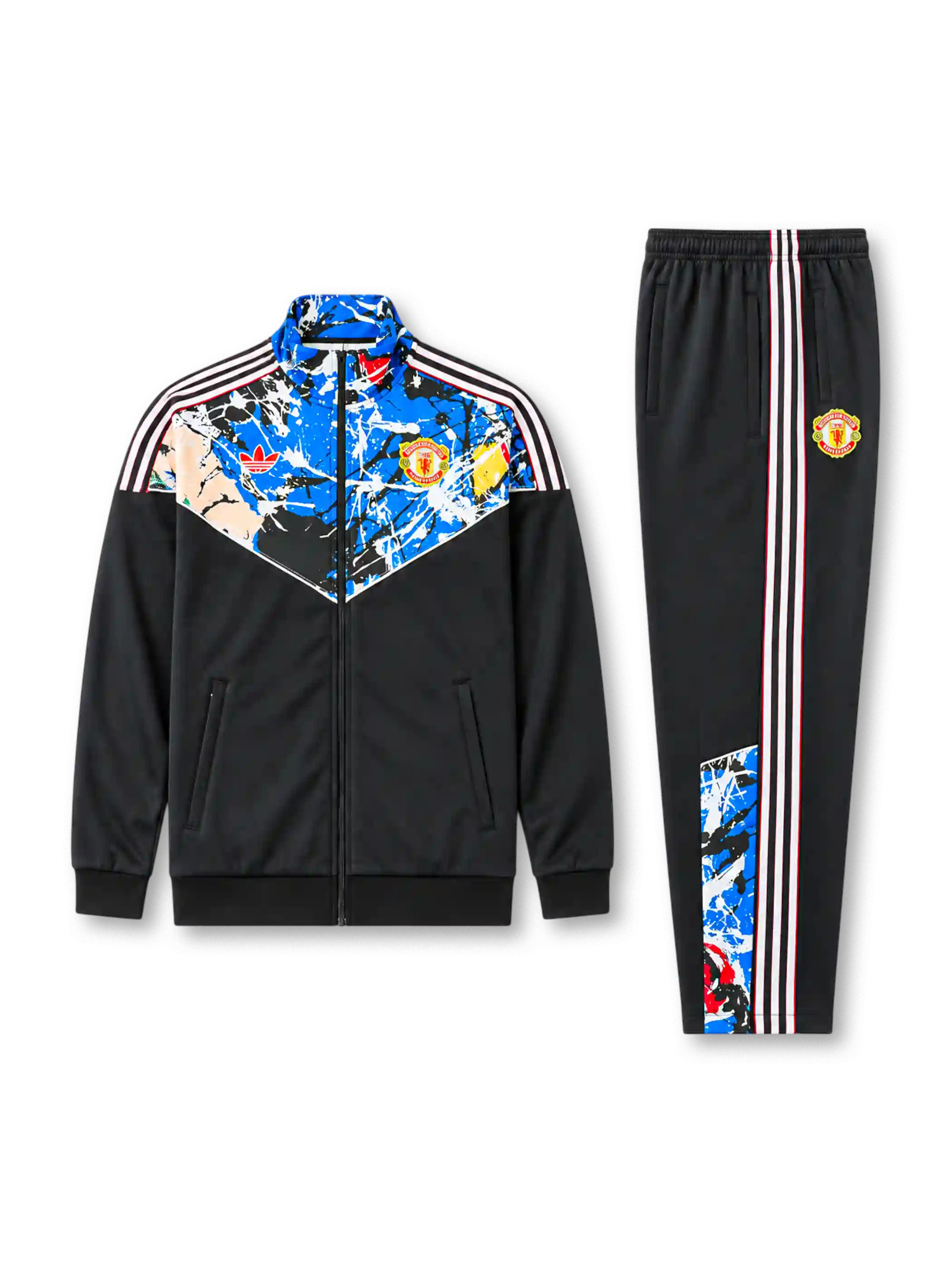 マンチェスター・ユナイテッド×ストーン・ローゼズ トラックスーツ ブラックに絵の具のしぶき柄が入ったジャケット＆パンツ