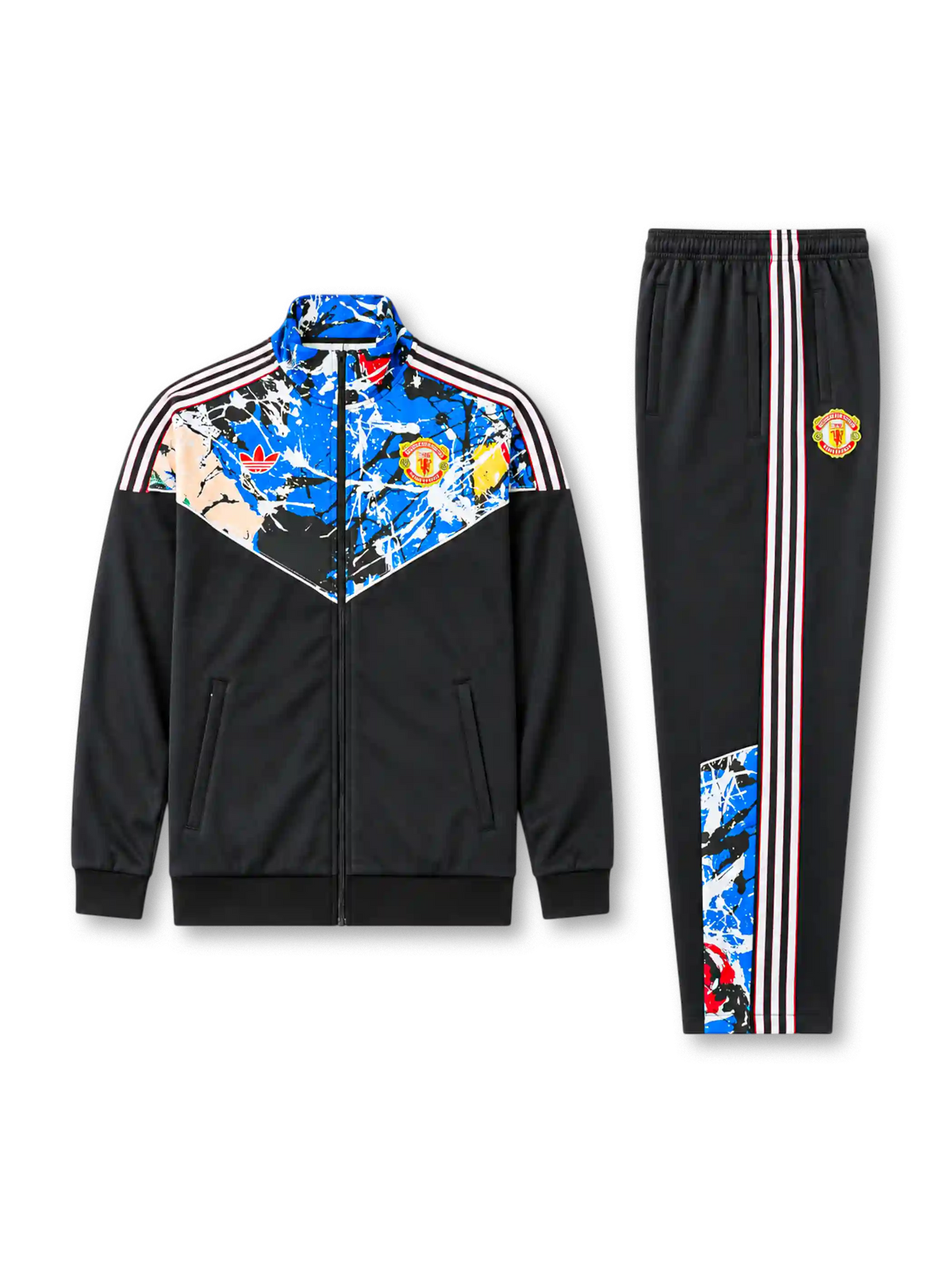 マンチェスター・ユナイテッド×ストーン・ローゼズ トラックスーツ ブラックに絵の具のしぶき柄が入ったジャケット＆パンツ