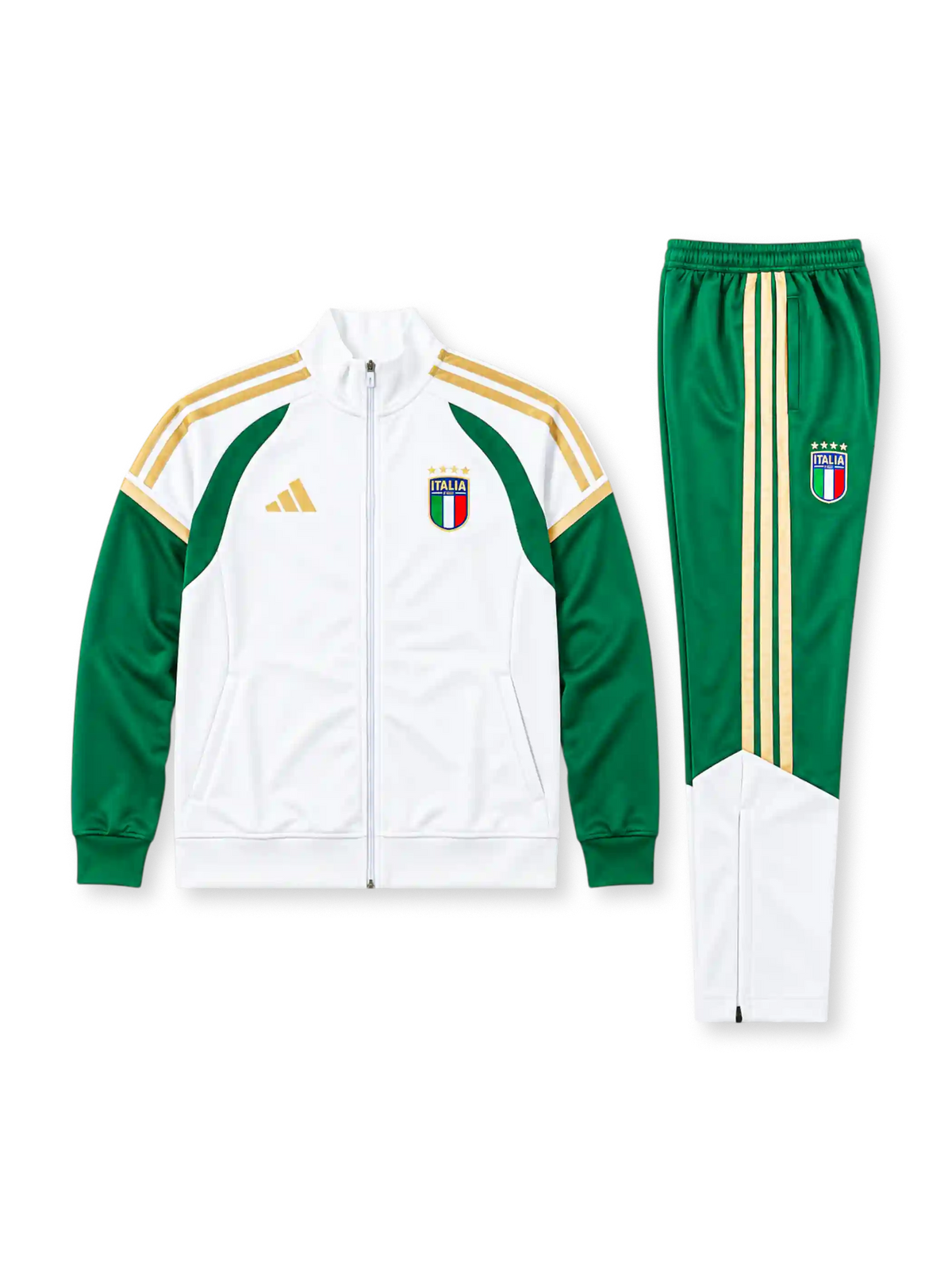 イタリア代表 2026 プレゼンテーショントラックスーツ ホワイトにグリーンの袖が入ったジャケット＆パンツ