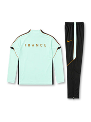 フランス代表 2026-27 ミントグリーン 長袖ハーフジップ トレーニングトップと黒パンツの上下セット 銅色の2つ星雄鶏エンブレム入り