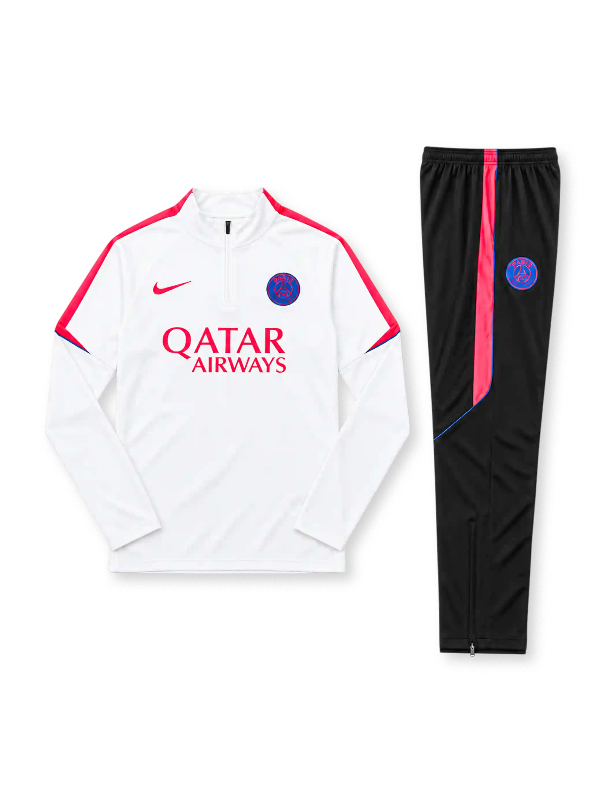 パリ・サンジェルマン 2026-27 ホワイト×レッド 長袖ハーフジップ トレーニングトップと黒パンツの上下セット QATAR AIRWAYSロゴとデュオトーンエンブレム入り