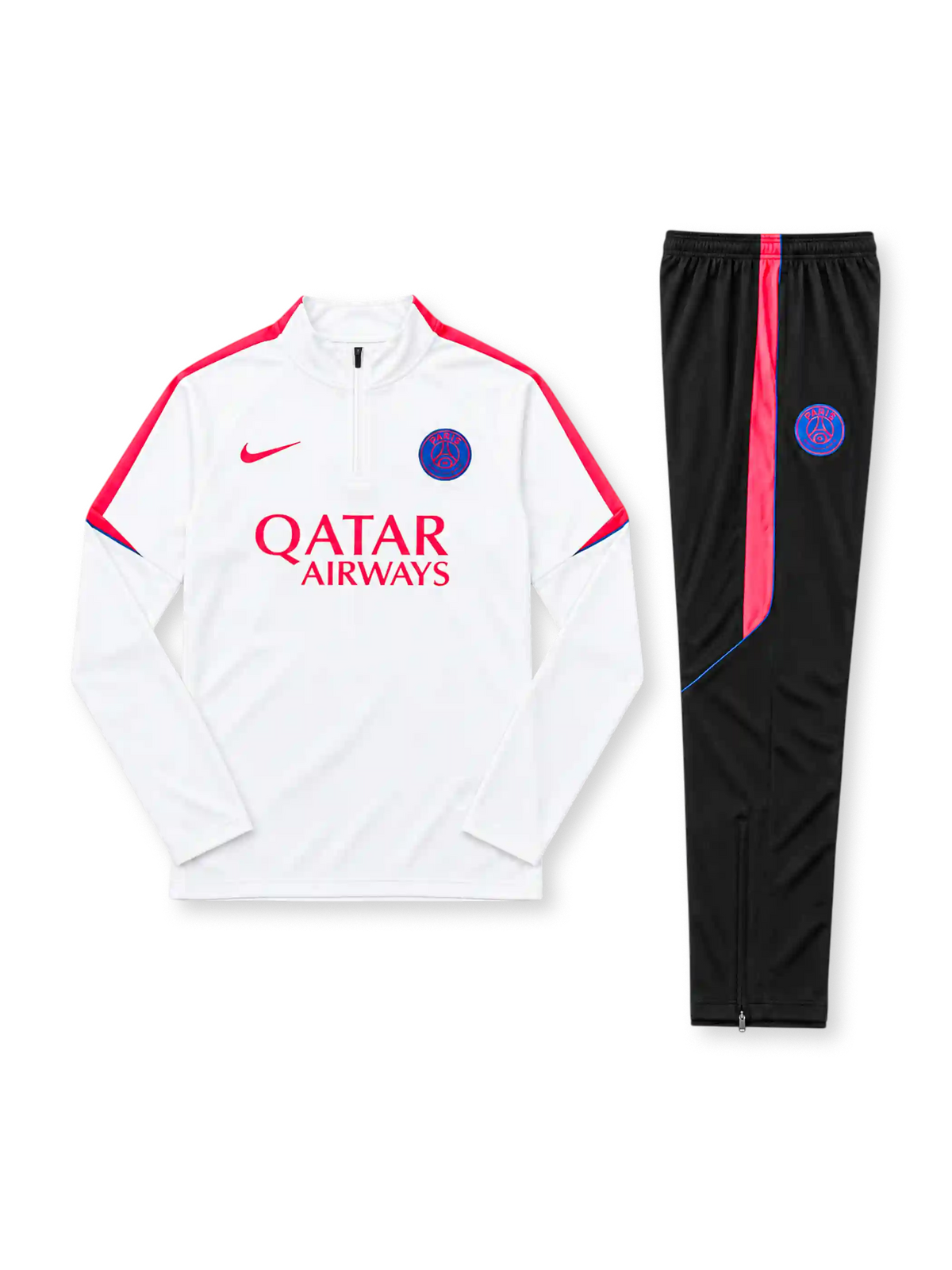 パリ・サンジェルマン 2026-27 ホワイト×レッド 長袖ハーフジップ トレーニングトップと黒パンツの上下セット QATAR AIRWAYSロゴとデュオトーンエンブレム入り