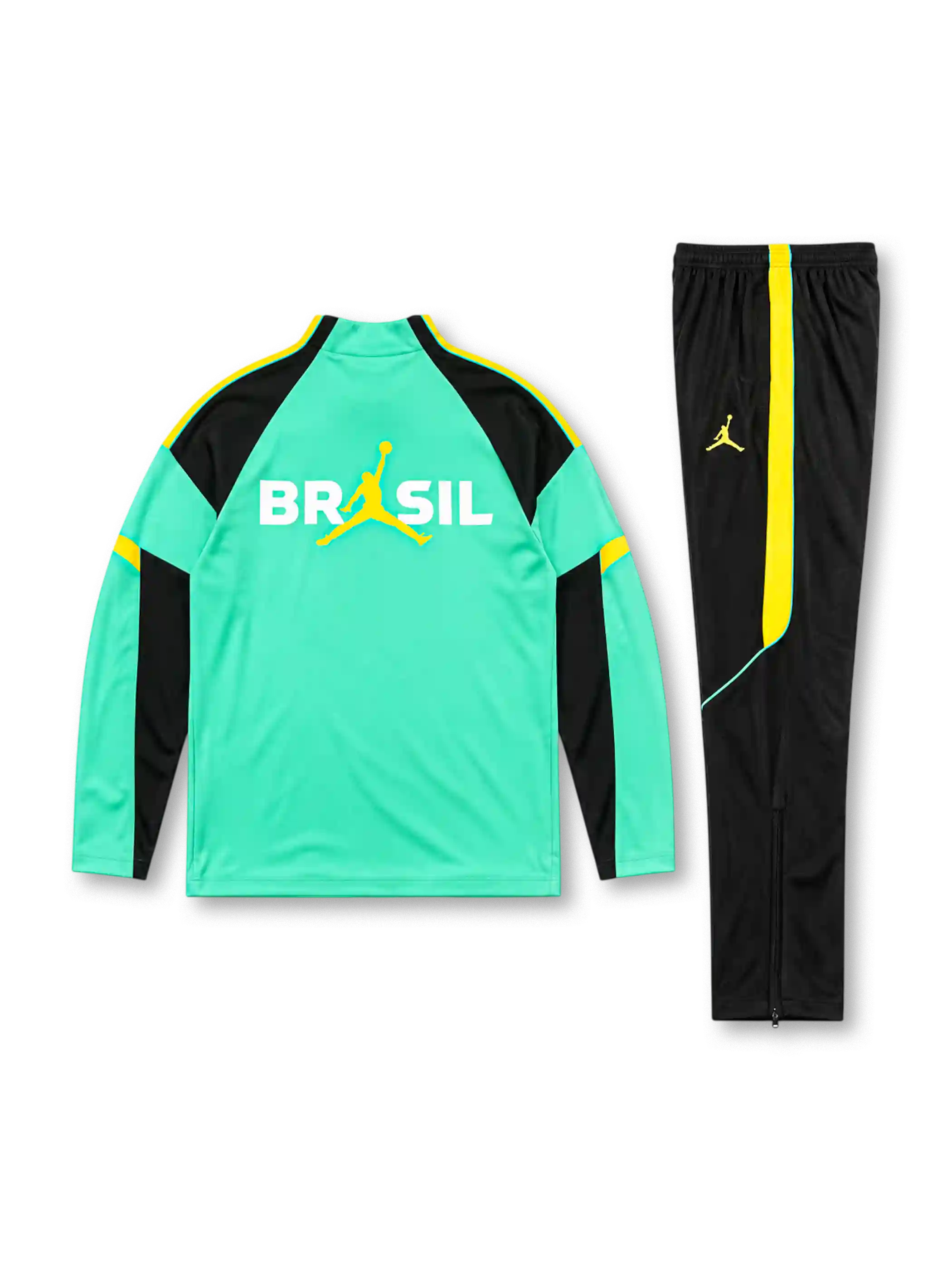ブラジル代表 2026-27 ライトグリーン 長袖ハーフジップ トレーニングトップと黒パンツの上下セット ジョーダンのジャンプマンロゴと5つ星エンブレム入り