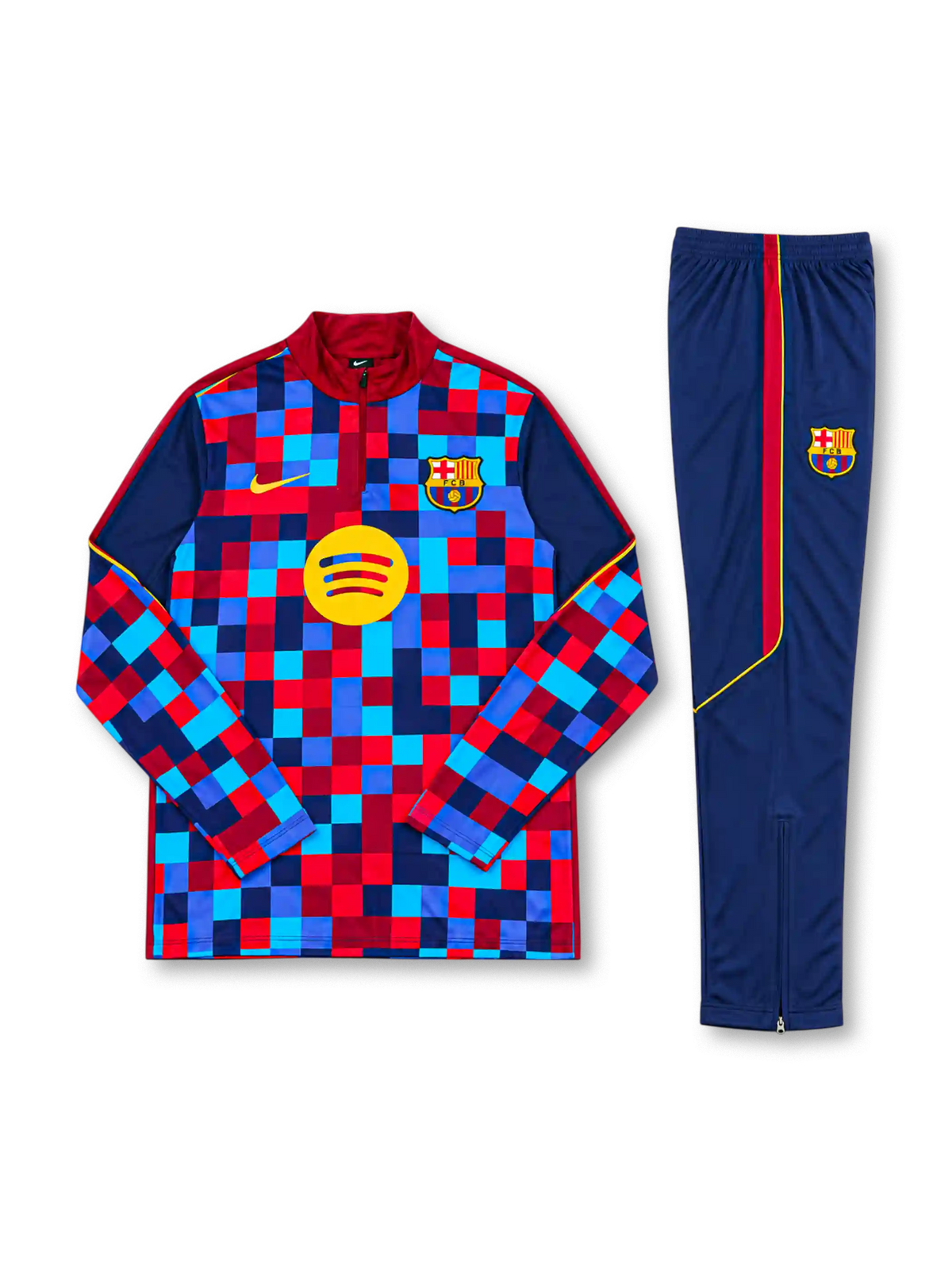 FCバルセロナ 2026-27 レッド×ブルー 長袖ハーフジップ トレーニングトップと紺パンツの上下セット ピクセル柄とSpotifyロゴ入り