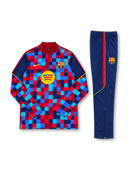 FCバルセロナ 2026-27 レッド×ブルー 長袖ハーフジップ トレーニングトップと紺パンツの上下セット ピクセル柄とSpotifyロゴ入り