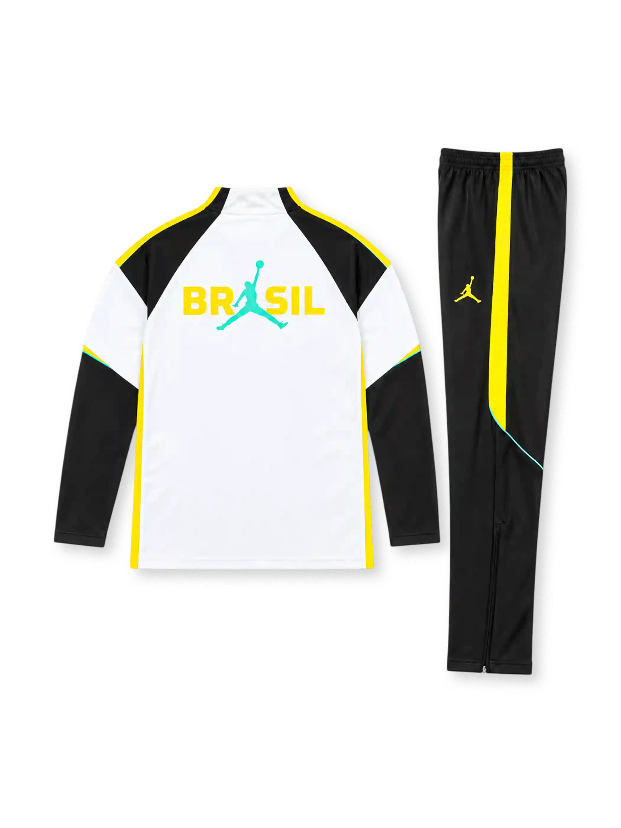 ブラジル代表 2026-27 ホワイト 長袖ハーフジップ トレーニングトップと黒パンツの上下セット ジョーダンのジャンプマンロゴと5つ星エンブレム入り