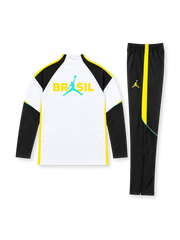 ブラジル代表 2026-27 ホワイト 長袖ハーフジップ トレーニングトップと黒パンツの上下セット ジョーダンのジャンプマンロゴと5つ星エンブレム入り