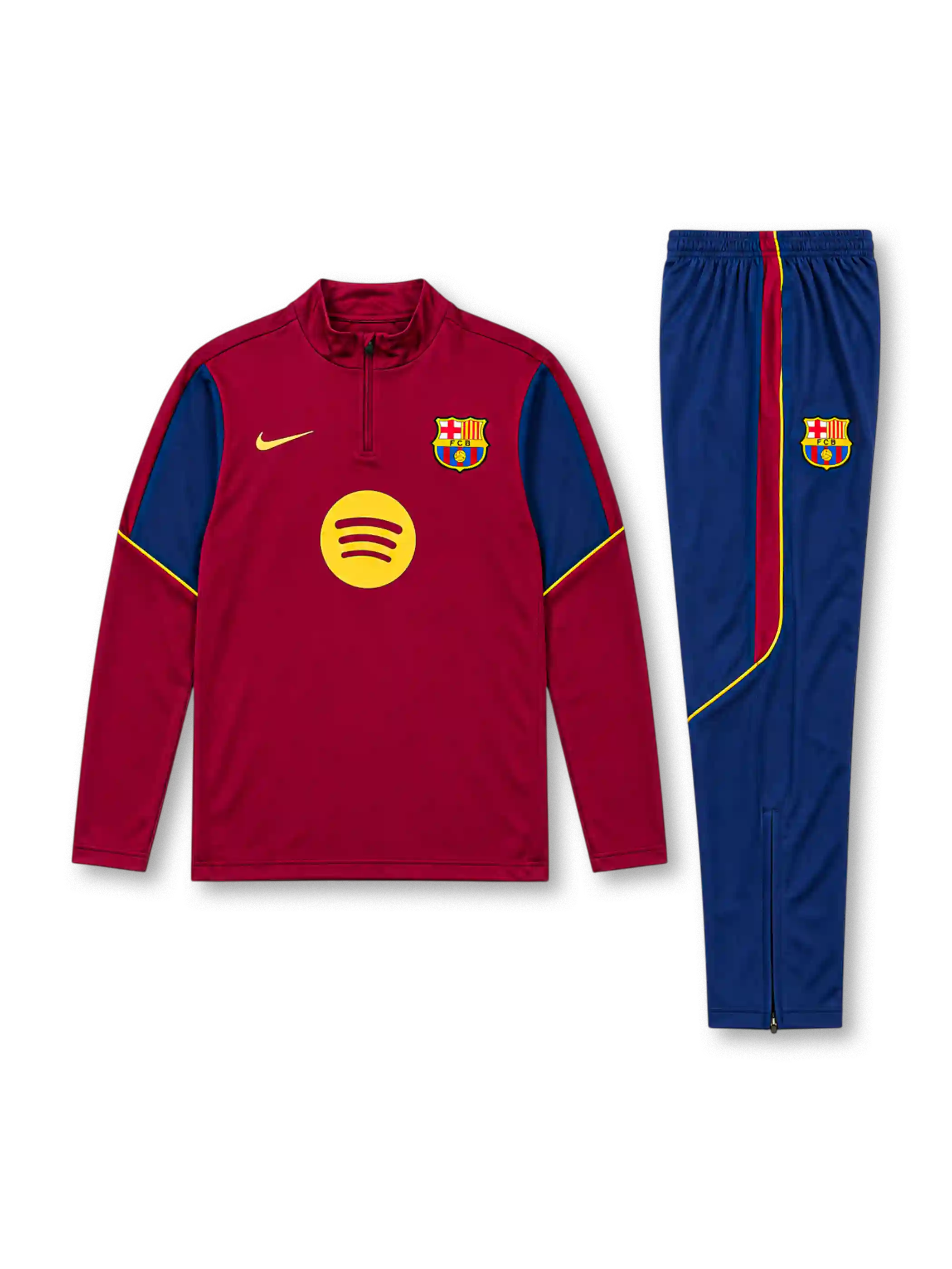 FCバルセロナ 2026-27 レッド 長袖ハーフジップ トレーニングトップと紺パンツの上下セット イエローのSpotifyロゴとクラブエンブレム入り