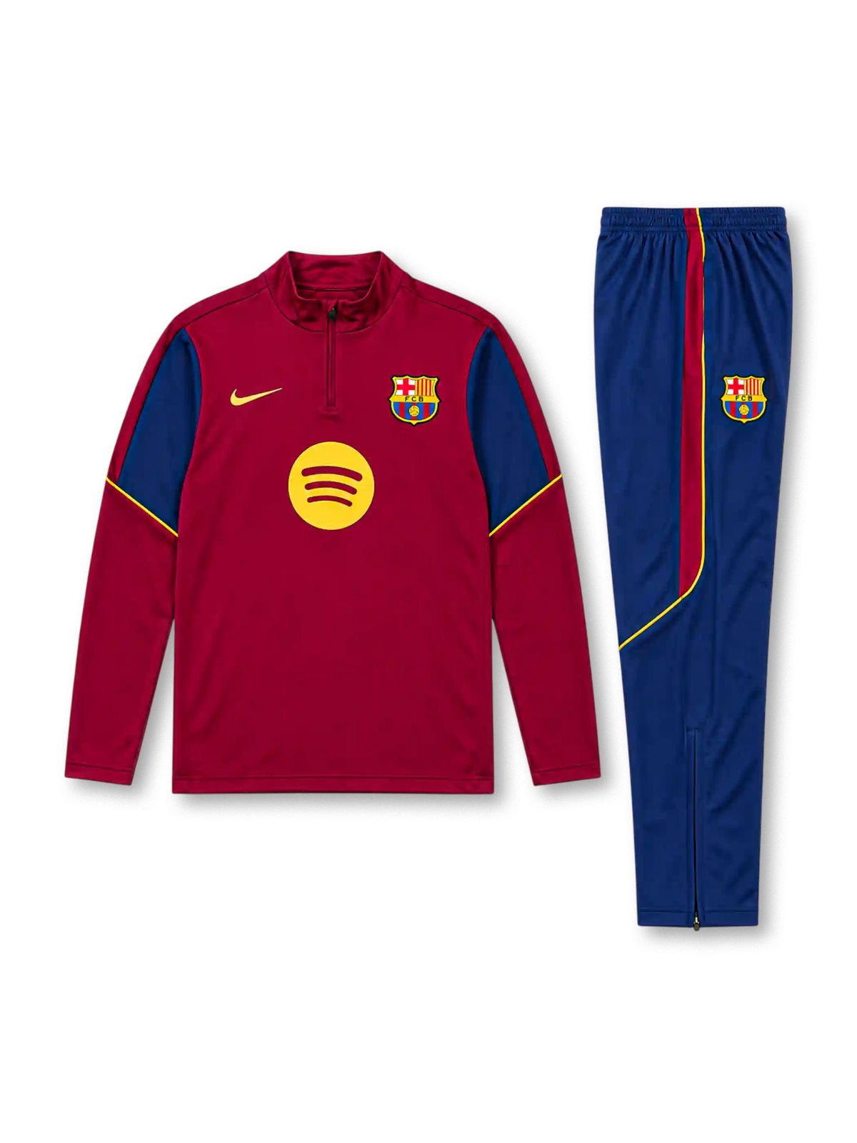 FCバルセロナ 2026-27 レッド 長袖ハーフジップ トレーニングトップと紺パンツの上下セット イエローのSpotifyロゴとクラブエンブレム入り