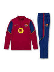 FCバルセロナ 2026-27 レッド 長袖ハーフジップ トレーニングトップと紺パンツの上下セット イエローのSpotifyロゴとクラブエンブレム入り