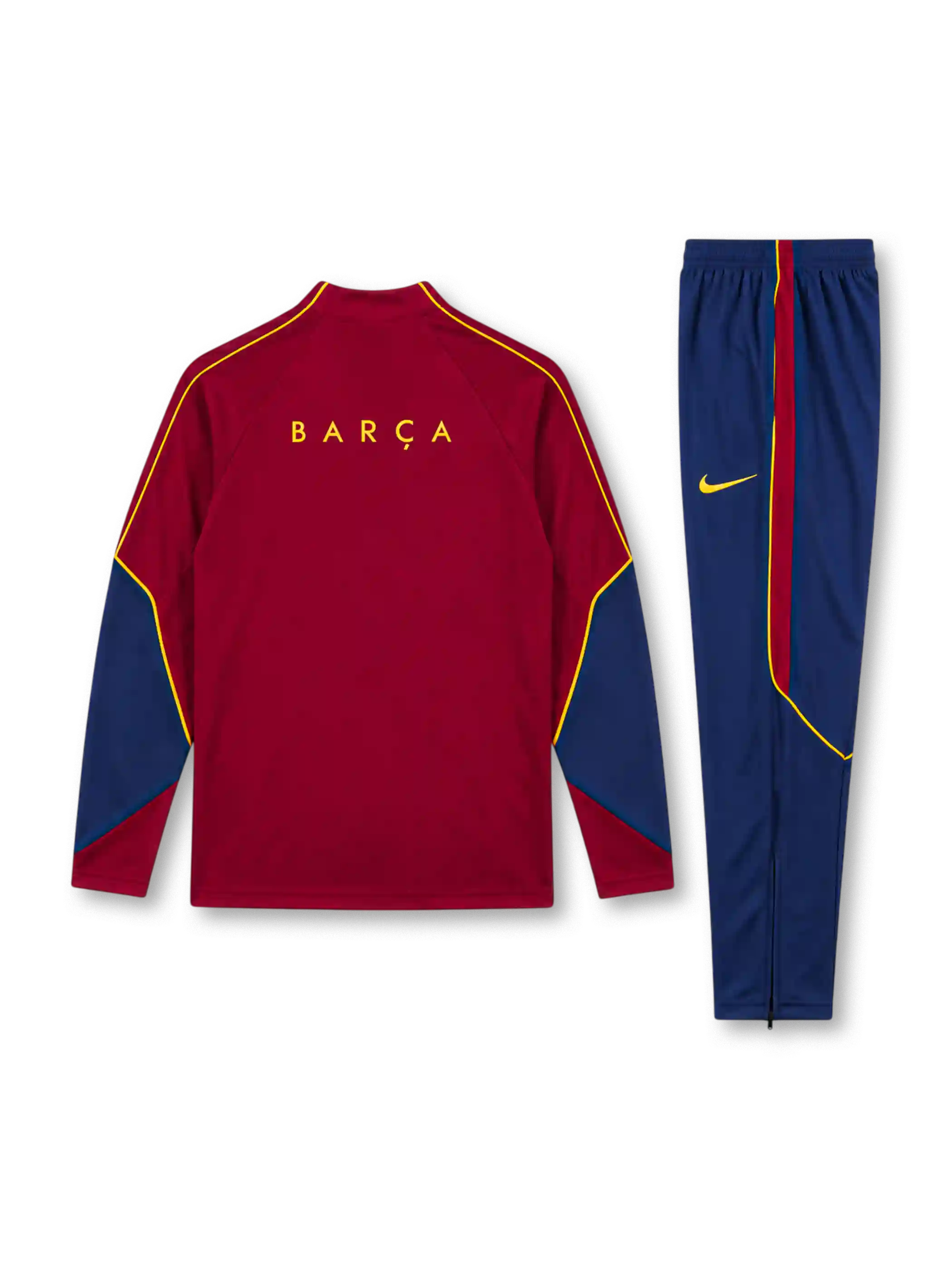 FCバルセロナ 2026-27 レッド 長袖ハーフジップ トレーニングトップと紺パンツの上下セット イエローのSpotifyロゴとクラブエンブレム入り