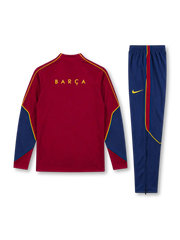 FCバルセロナ 2026-27 レッド 長袖ハーフジップ トレーニングトップと紺パンツの上下セット イエローのSpotifyロゴとクラブエンブレム入り