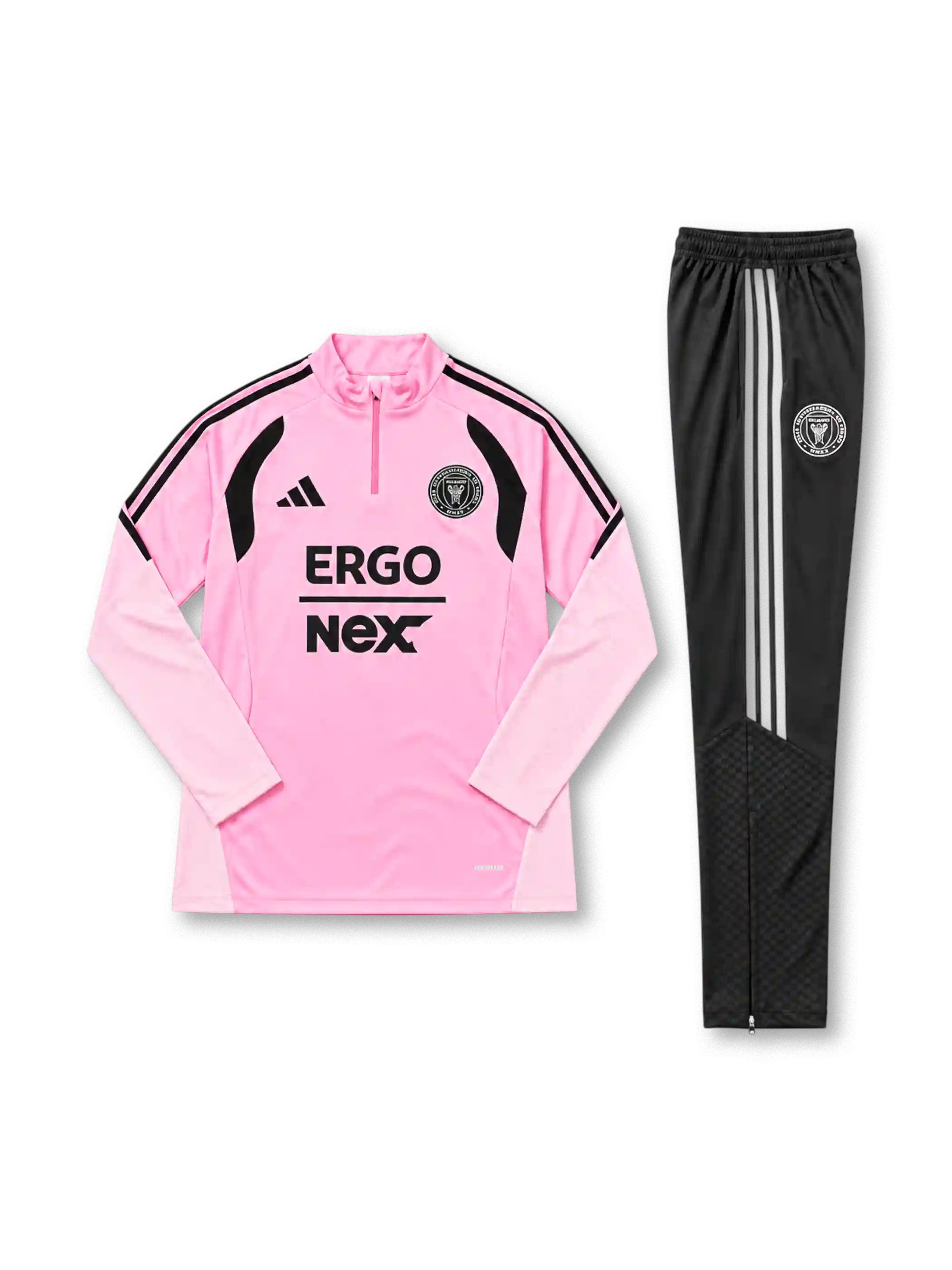 インテル・マイアミ 2026-27 ピンク 長袖ハーフジップ トレーニングトップと黒パンツの上下セット ERGO NEXTロゴとクラブエンブレム入り