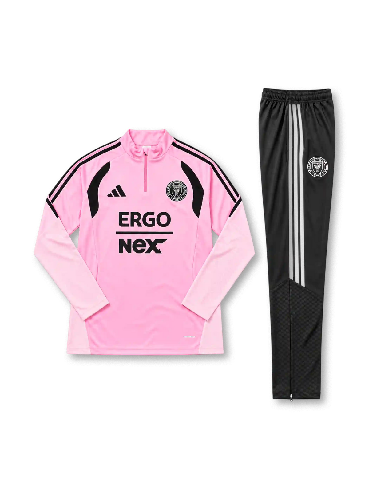インテル・マイアミ 2026-27 ピンク 長袖ハーフジップ トレーニングトップと黒パンツの上下セット ERGO NEXTロゴとクラブエンブレム入り