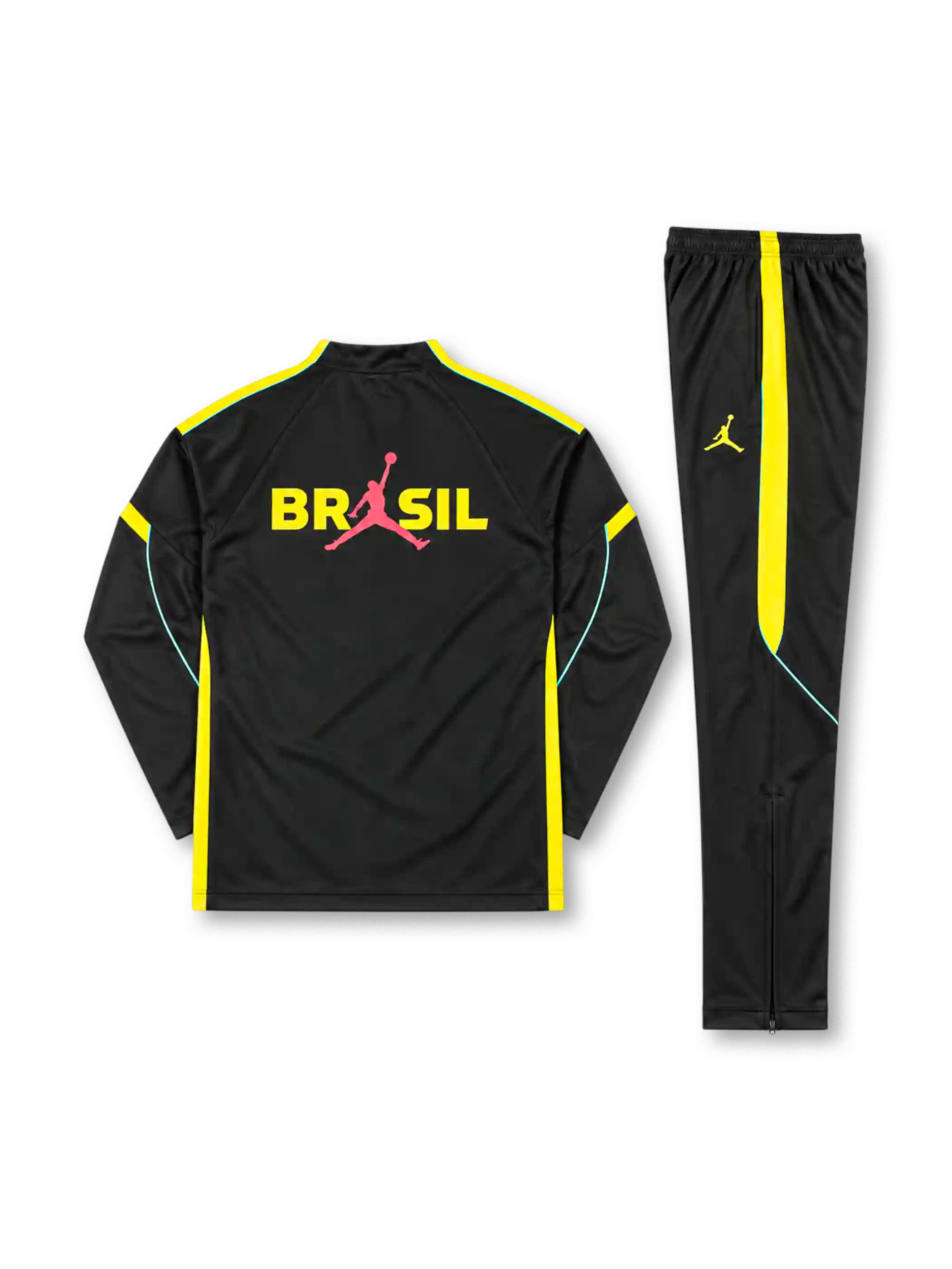 ブラジル代表 2026-27 ブラック×イエロー 長袖ハーフジップ トレーニングトップとパンツの上下セット 赤のジャンプマンロゴと5つ星エンブレム入り