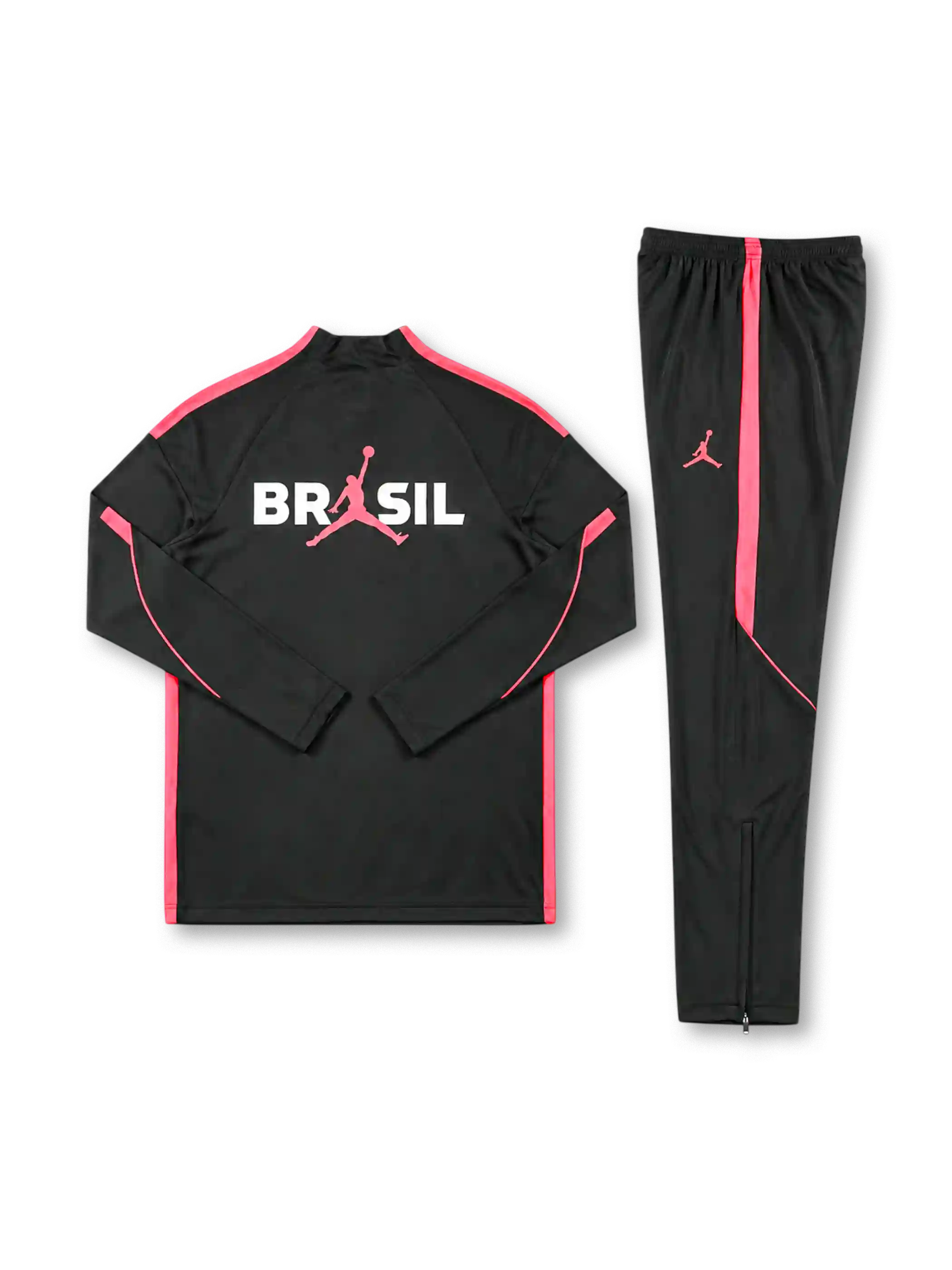 ブラジル代表 2026-27 ブラック×レッド 長袖ハーフジップ トレーニングトップとパンツの上下セット 赤のジャンプマンロゴと5つ星エンブレム入り