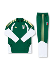 イタリア代表 2026-27 グリーン 長袖ハーフジップ トレーニングトップとパンツの上下セット ゴールドの3本ラインと4つ星エンブレム入り