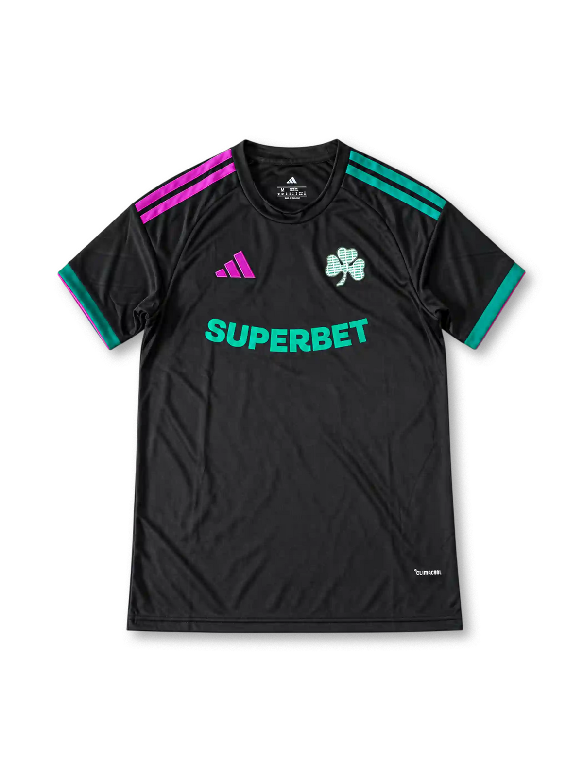 パナシナイコス 2026/27シーズン サードユニフォーム(adidas製、黒地、ピンク×グリーン、Superbetスポンサー)