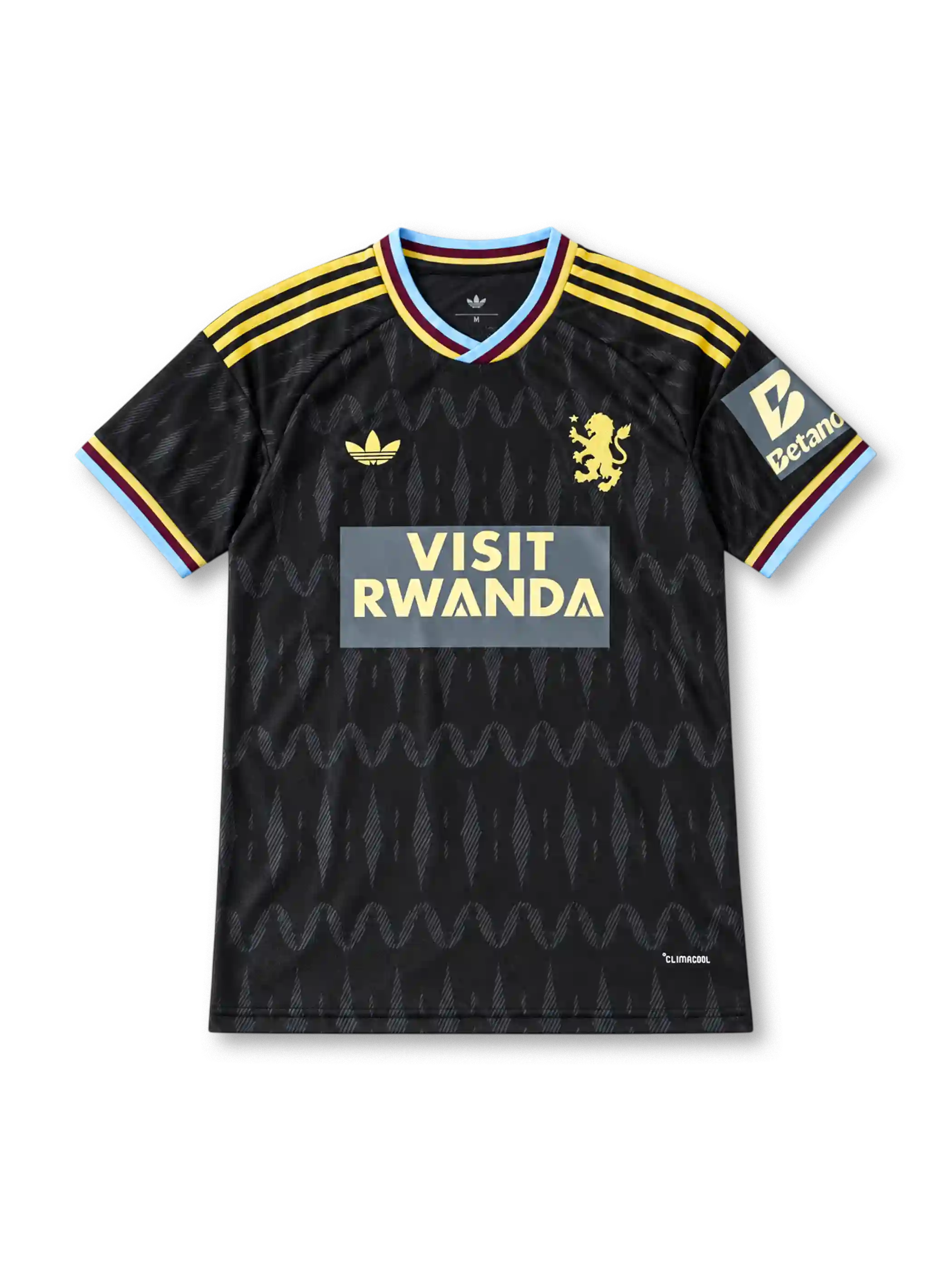 ブラック地に波状の暗柄を配し、左胸にアストン・ヴィラのライオンエンブレム、中央にVISIT RWANDAロゴ、袖にBetanoパッチ、襟と袖口にイエロー・クラレット・ライトブルーのラインを備えた2026-27アウェイユニフォーム正面。