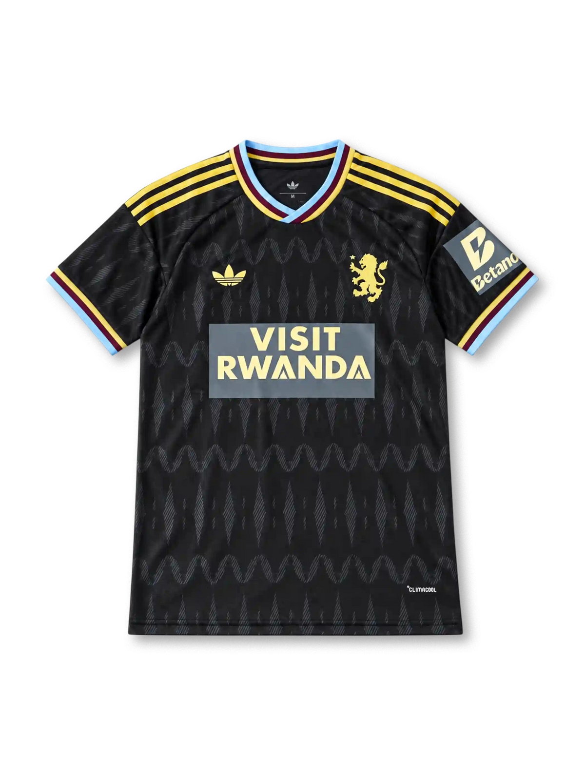 ブラック地に波状の暗柄を配し、左胸にアストン・ヴィラのライオンエンブレム、中央にVISIT RWANDAロゴ、袖にBetanoパッチ、襟と袖口にイエロー・クラレット・ライトブルーのラインを備えた2026-27アウェイユニフォーム正面。