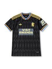 ブラック地に波状の暗柄を配し、左胸にアストン・ヴィラのライオンエンブレム、中央にVISIT RWANDAロゴ、袖にBetanoパッチ、襟と袖口にイエロー・クラレット・ライトブルーのラインを備えた2026-27アウェイユニフォーム正面。