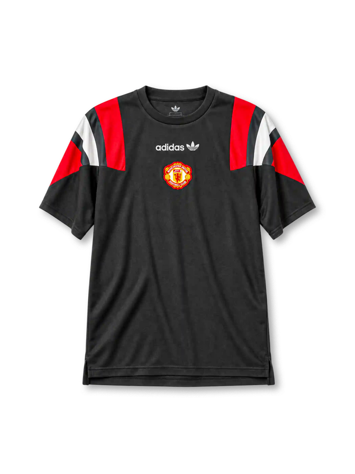 マンチェスター・ユナイテッド 2026-27 EQT Tシャツ 黒に赤と白のショルダーパネル 胸中央にエンブレム入り