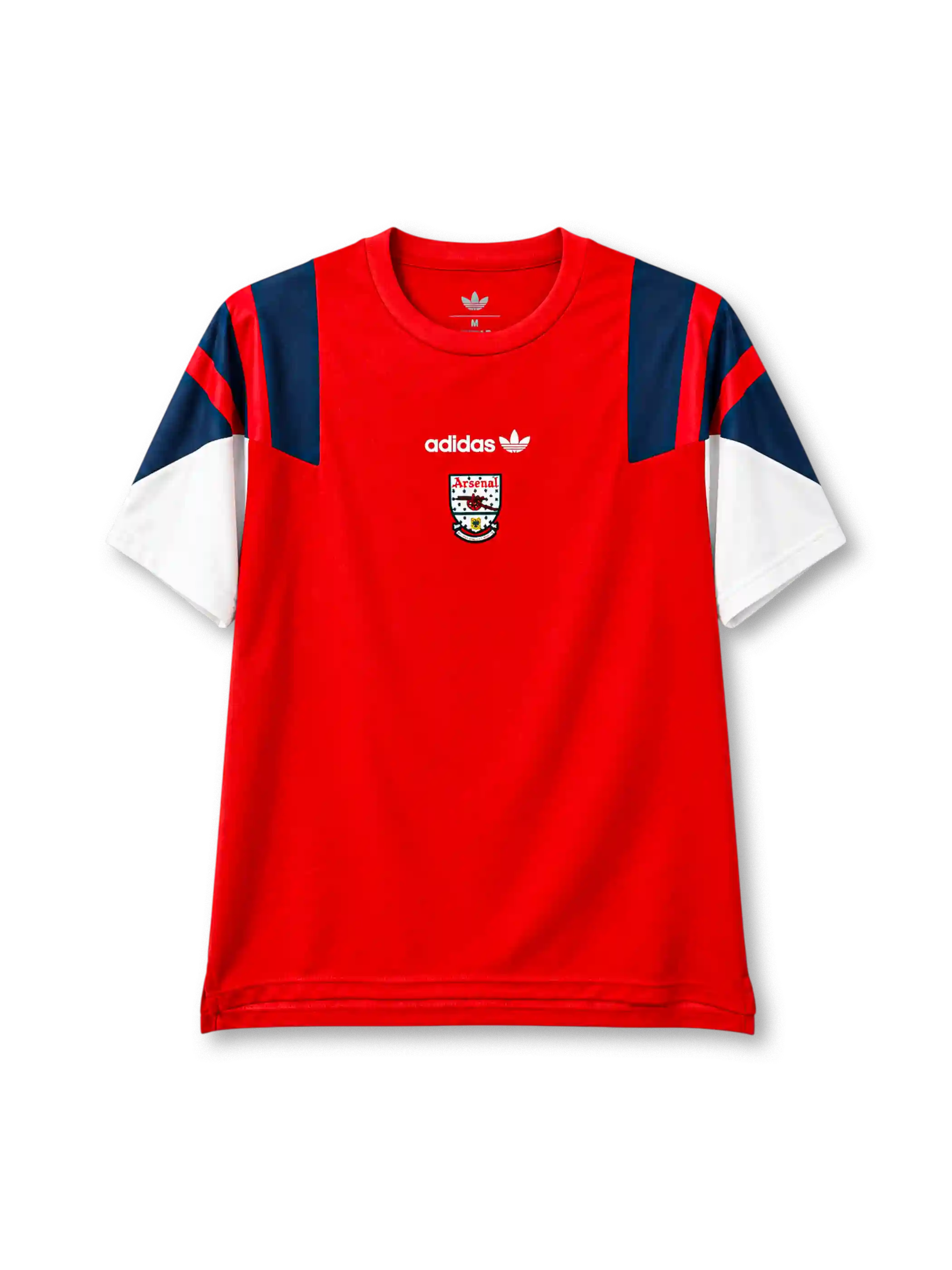 アーセナル 2026-27 EQT Tシャツ 赤に紺のショルダーパネルと白の袖 90年代エンブレム入り