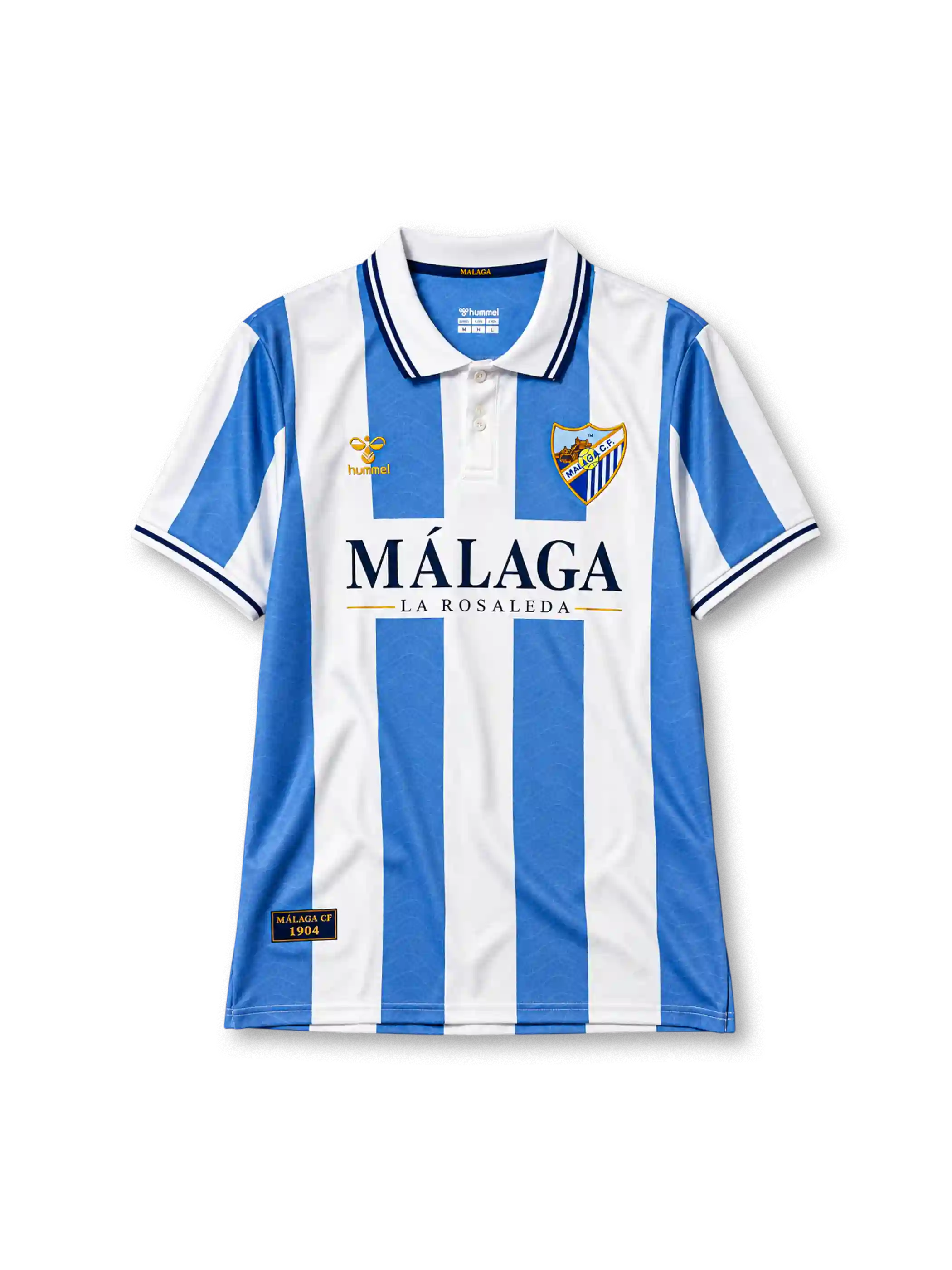 マラガ レトロ ストリートスタイル ユニフォーム 空色と白の縦縞 紺のラインのポロ襟 MÁLAGA LA ROSALEDAの文字入り