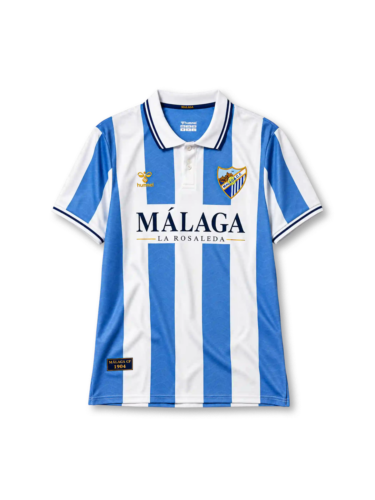 マラガ レトロ ストリートスタイル ユニフォーム 空色と白の縦縞 紺のラインのポロ襟 MÁLAGA LA ROSALEDAの文字入り