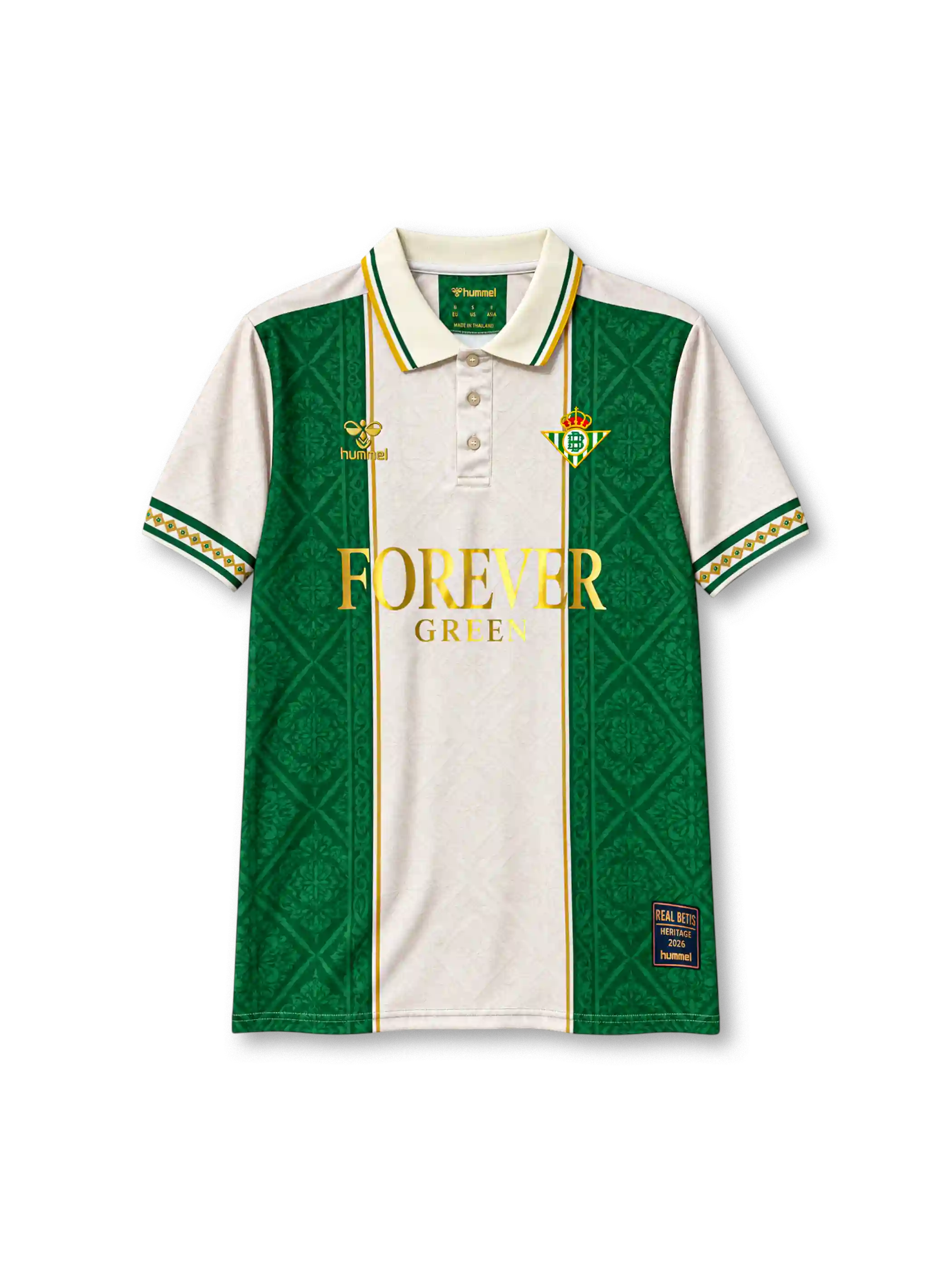 レアル・ベティス レトロ ストリートスタイル ユニフォーム クリーム色と緑の装飾柄パネル 金のFOREVER GREENの文字入り