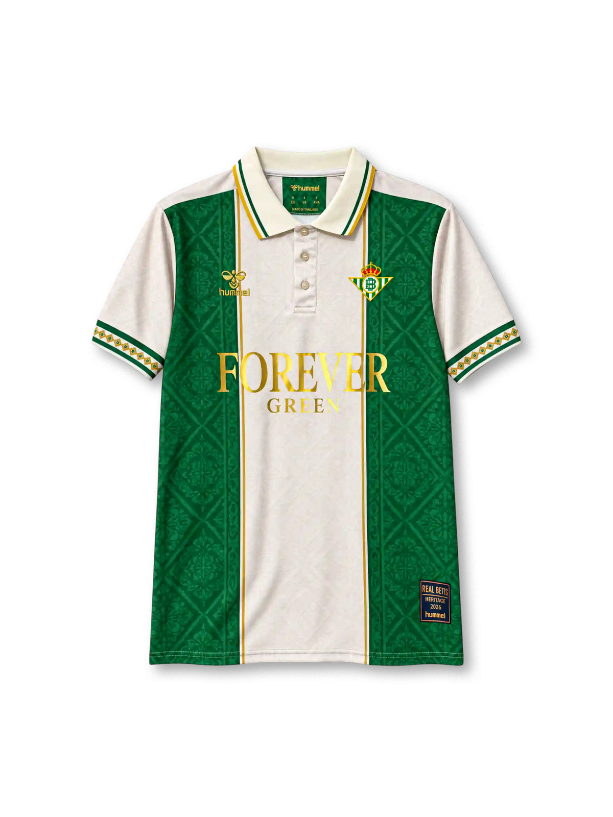 レアル・ベティス レトロ ストリートスタイル ユニフォーム クリーム色と緑の装飾柄パネル 金のFOREVER GREENの文字入り